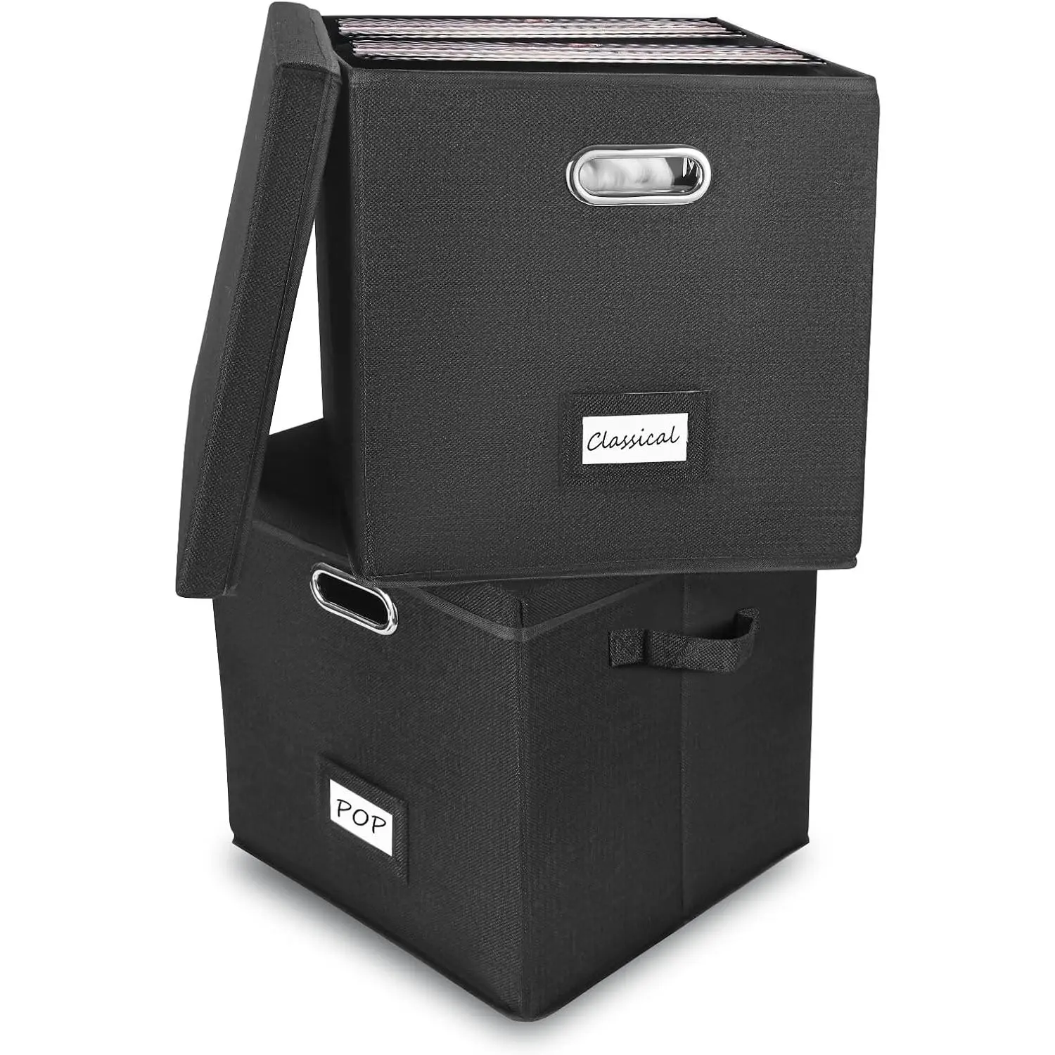 Vinyl Record Storage Box Set of 2 - Album Storage Holds 100+ Single Records, Decorative LP Storage Organizer Crate with Lid, Sturdy Moving Boxes for Vinyl, Easy to Carry and Organize Your Music Album