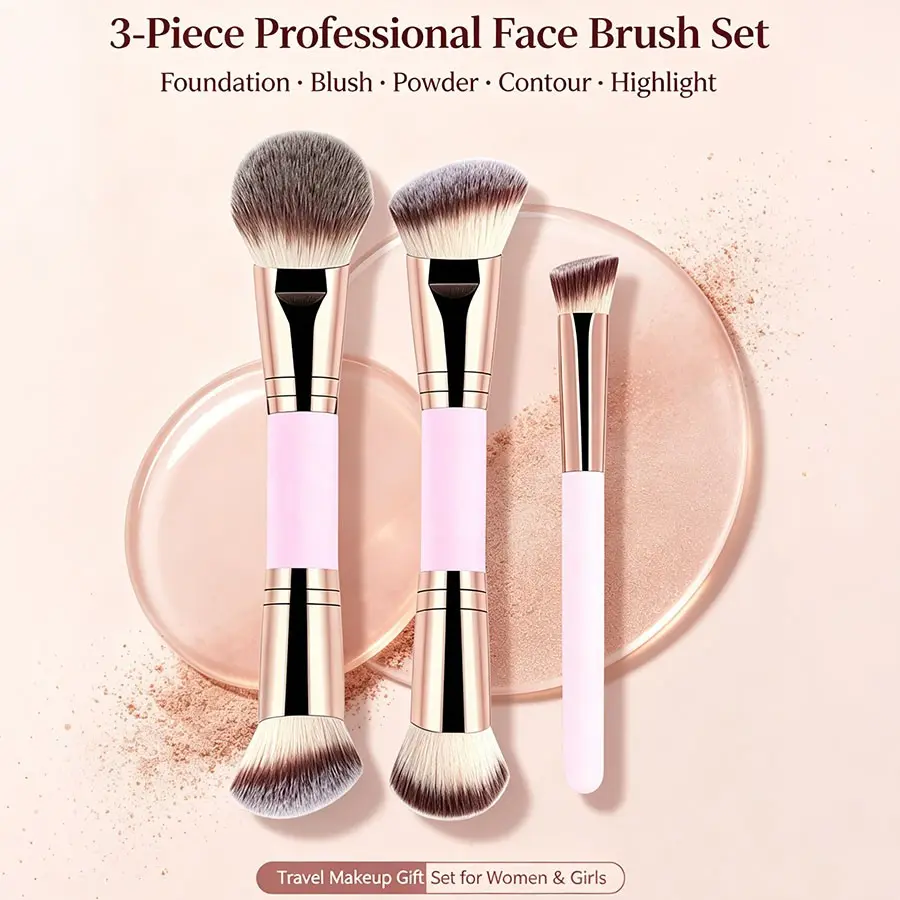 New 3pcs Dual Ended Makeup Brushes Set, Multi Function Foundation Blush Contour Concealer Brush, Soft Synthetic Bristles for Beginners