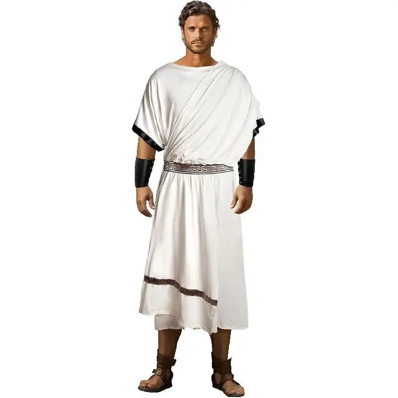 Menswear Simple Golden Stripe Greek Toga Set For Men - Adult Roman Halloween Dionysus Costume With Leather Wristband King Gladiator Outfit