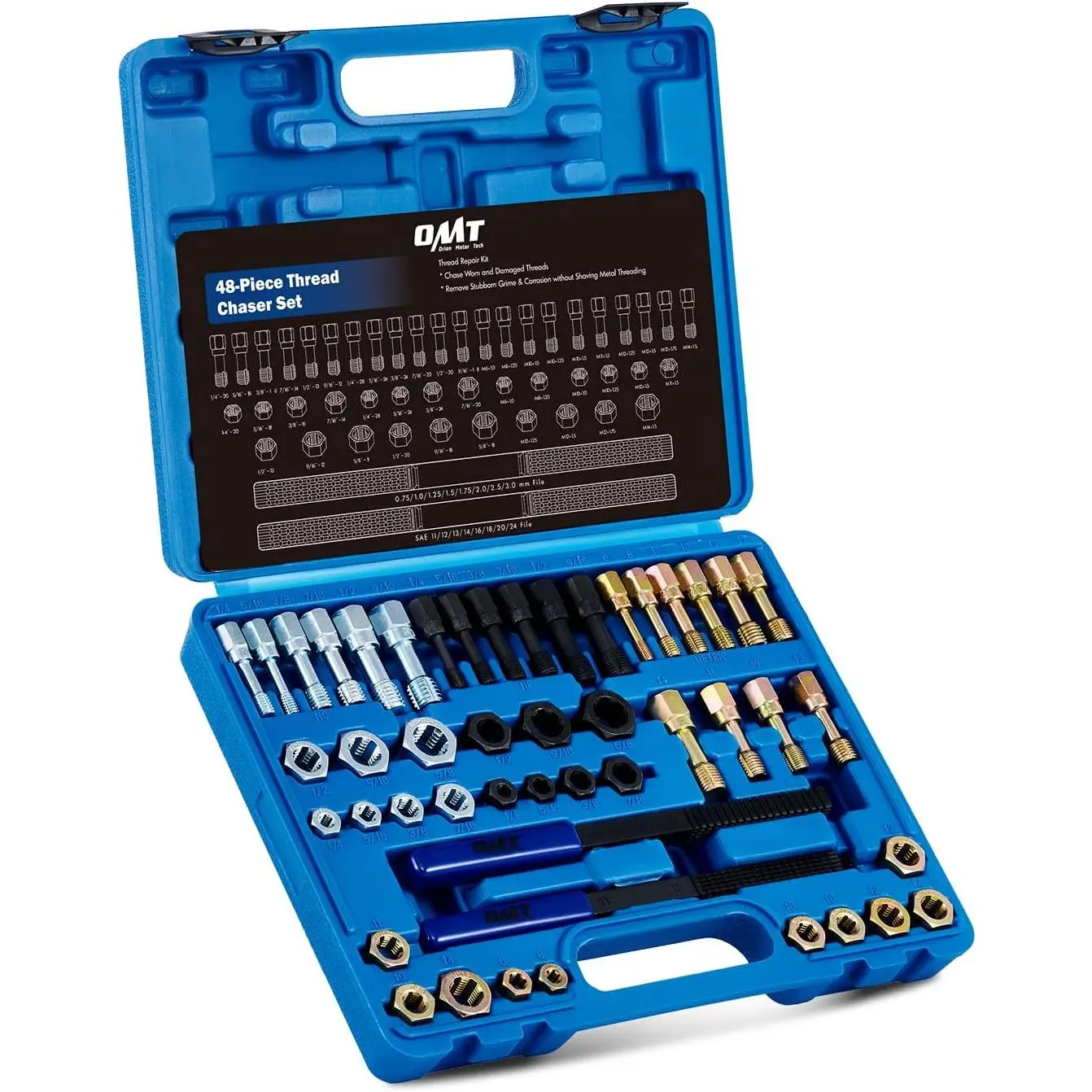 Motor Tech 49 Piece Chaser Set, Metric and SAE Repair Kit with 22 Taps 24 Dies 3 Files, Rethreading Kit Tool Set in UNC UNF Metric Sizes with Case