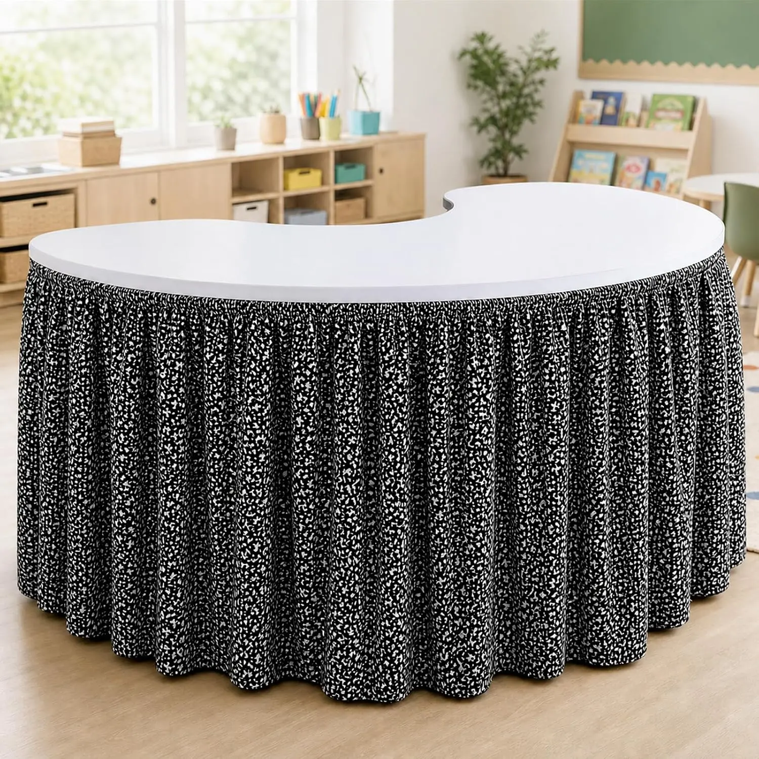 12FT Polyester Black and White Ruffle Table Skirt - Rectangular, Kidney-Shaped Desk Cover, Event Supplies for Teacher Classroom Decor, Office Bookcase Cabinet Use