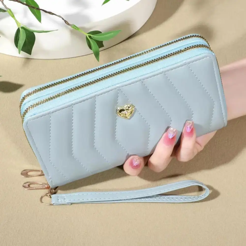 Women's Chevron Stitch Long Wristlet Wallet, Rhinestone Heart Decor Double Zipper Coin Purse, Soft Faux Leather Multi Card Holder Clutch for Daily Use, Shopping, Travel & Gift Ideas