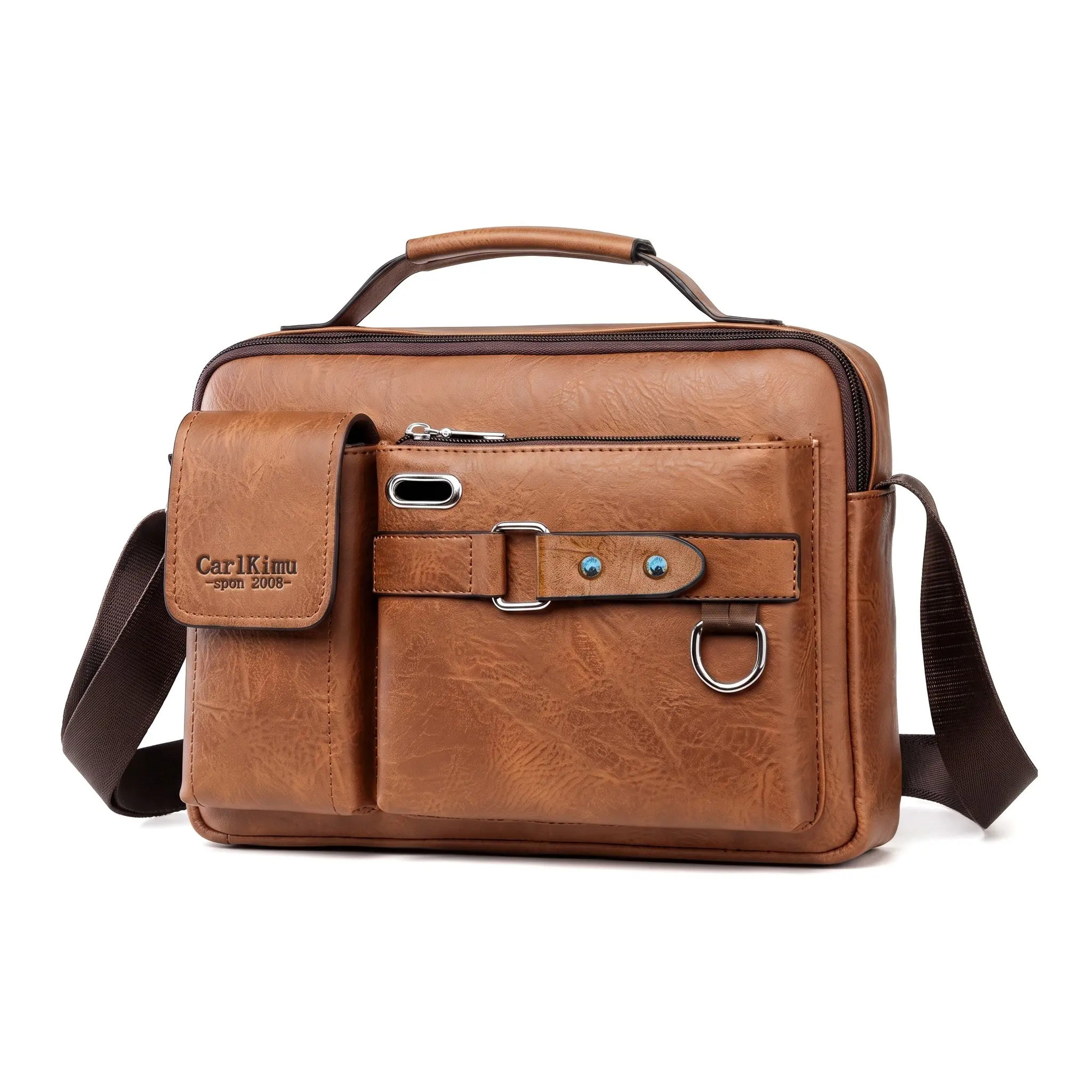 Men's Adjustable Faux Leather Crossbody & Shoulder Bag - Brown, 3D Design, Casual Office Wear, 12in Laptop Compatibility, PU Leather, Wear-Resistant Nylon Lining, Solid Color Stitching, Front 3-Dimensional Pocket, Commuter Use, Adjustable Faux Leather Men