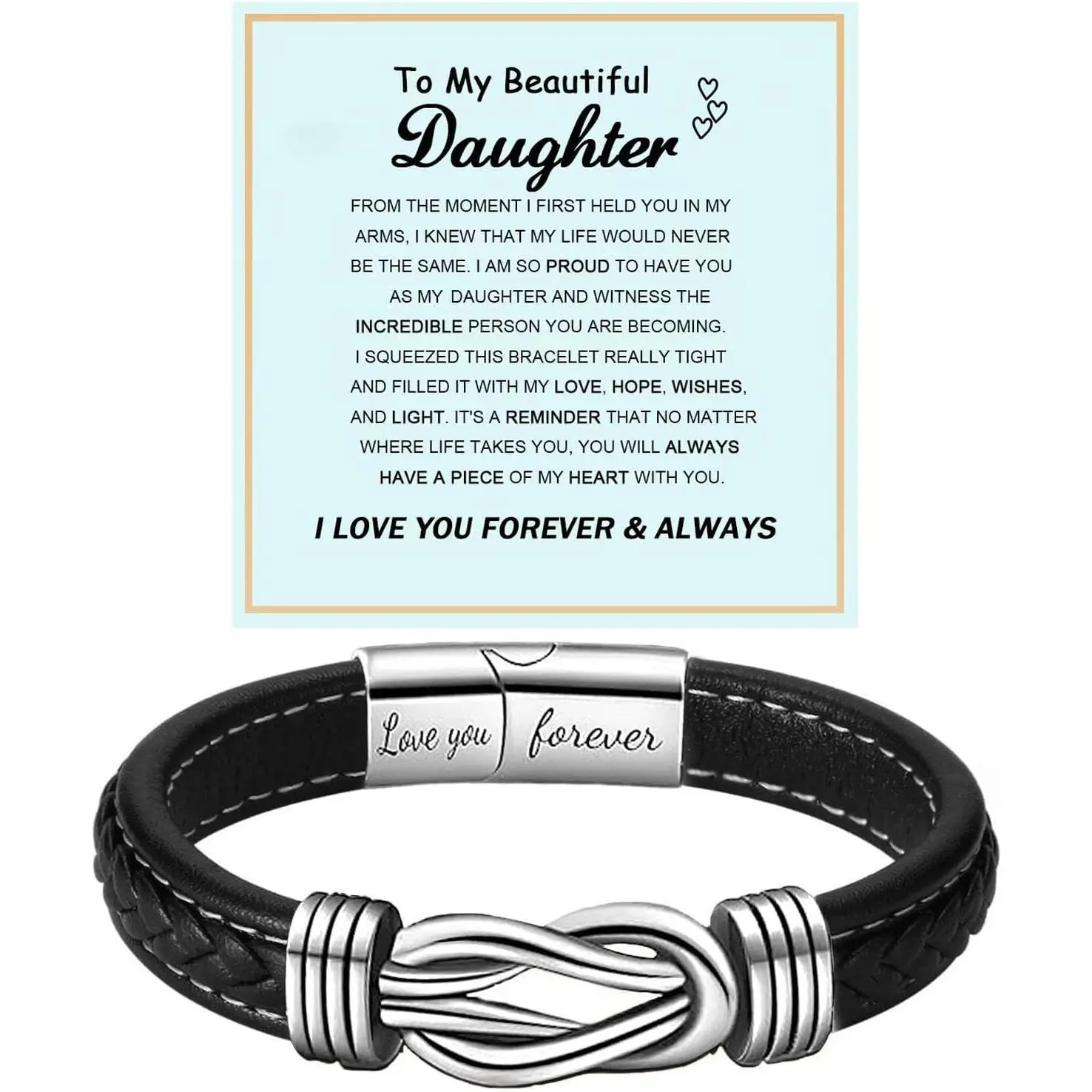 To My Daughter Love You Forever Bracelet, Mother and Daughter Braided Leather Inspirational Wristband Stainless Steel Infinity Knot Engraved Bangle  from Mom
