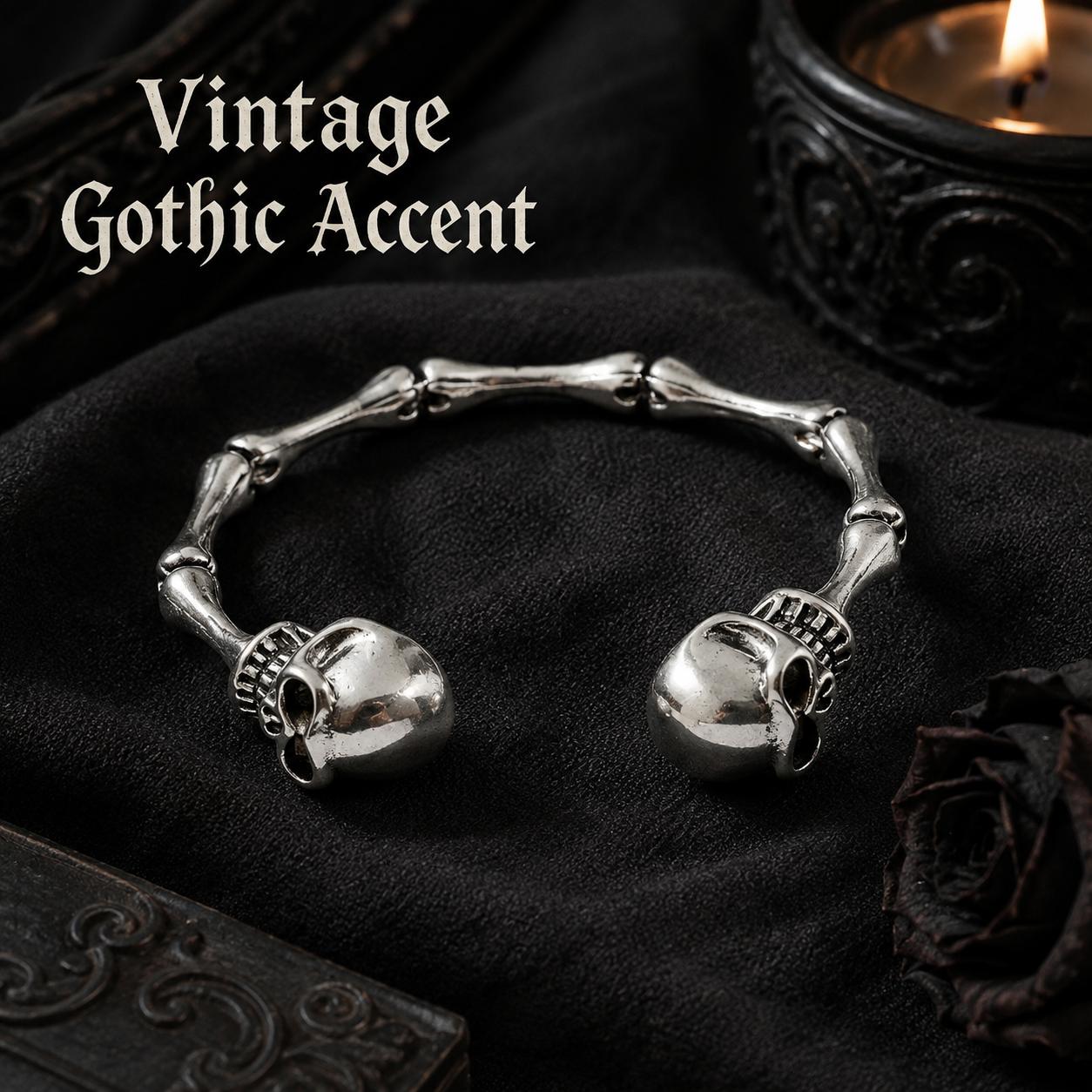 Vintage Gothic Skull Cuff Bangle - Silver Gothic Motif Bracelet, Adjustable Biker Accessories, Ideal Goth Gifts - MM2