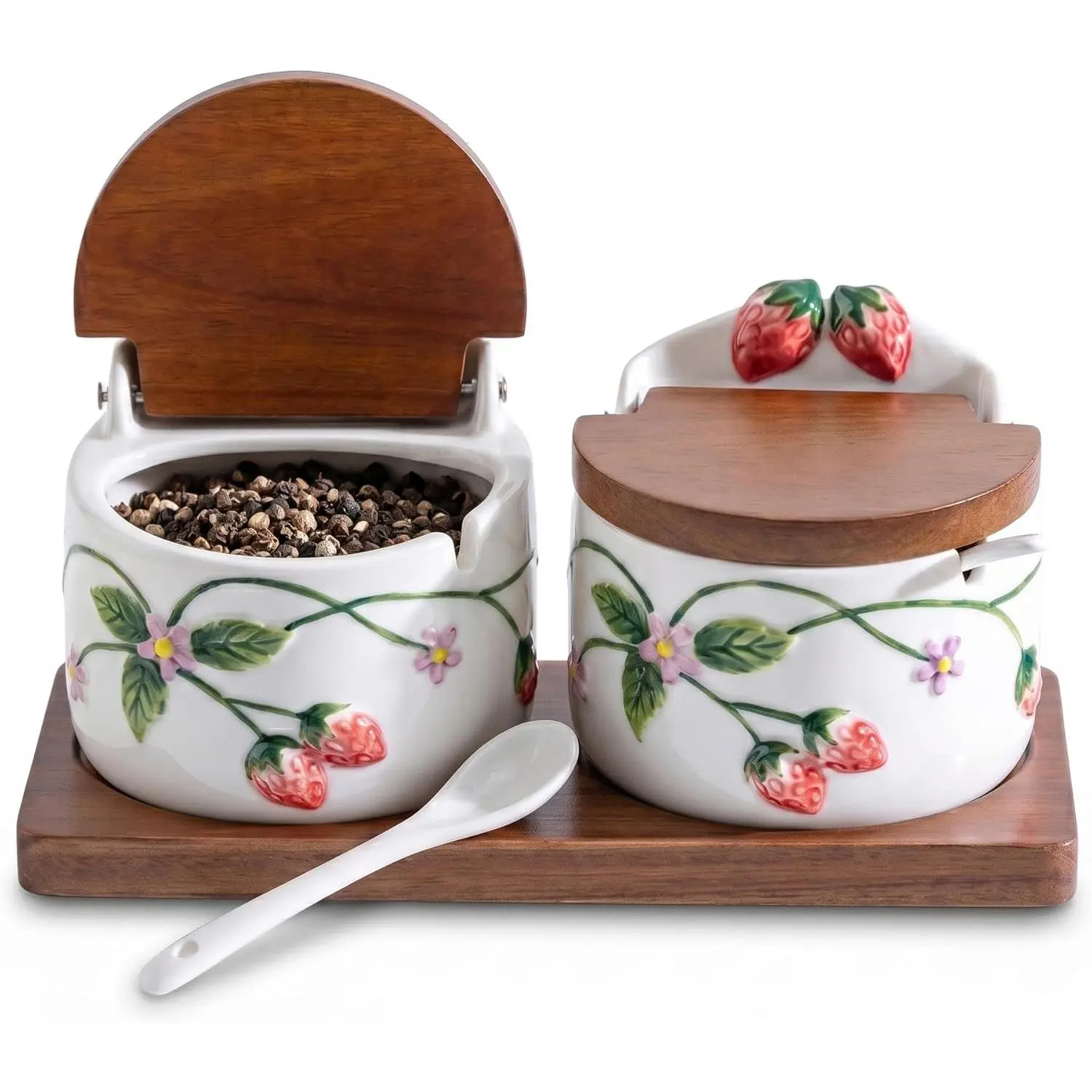 Ceramic Salt and Pepper Cellar Set with Spoons, Lids, and Tray| Handmade Strawberry Condiment Holders for Spices, Sugar, Seasonings, and More| Holds 12oz.Each