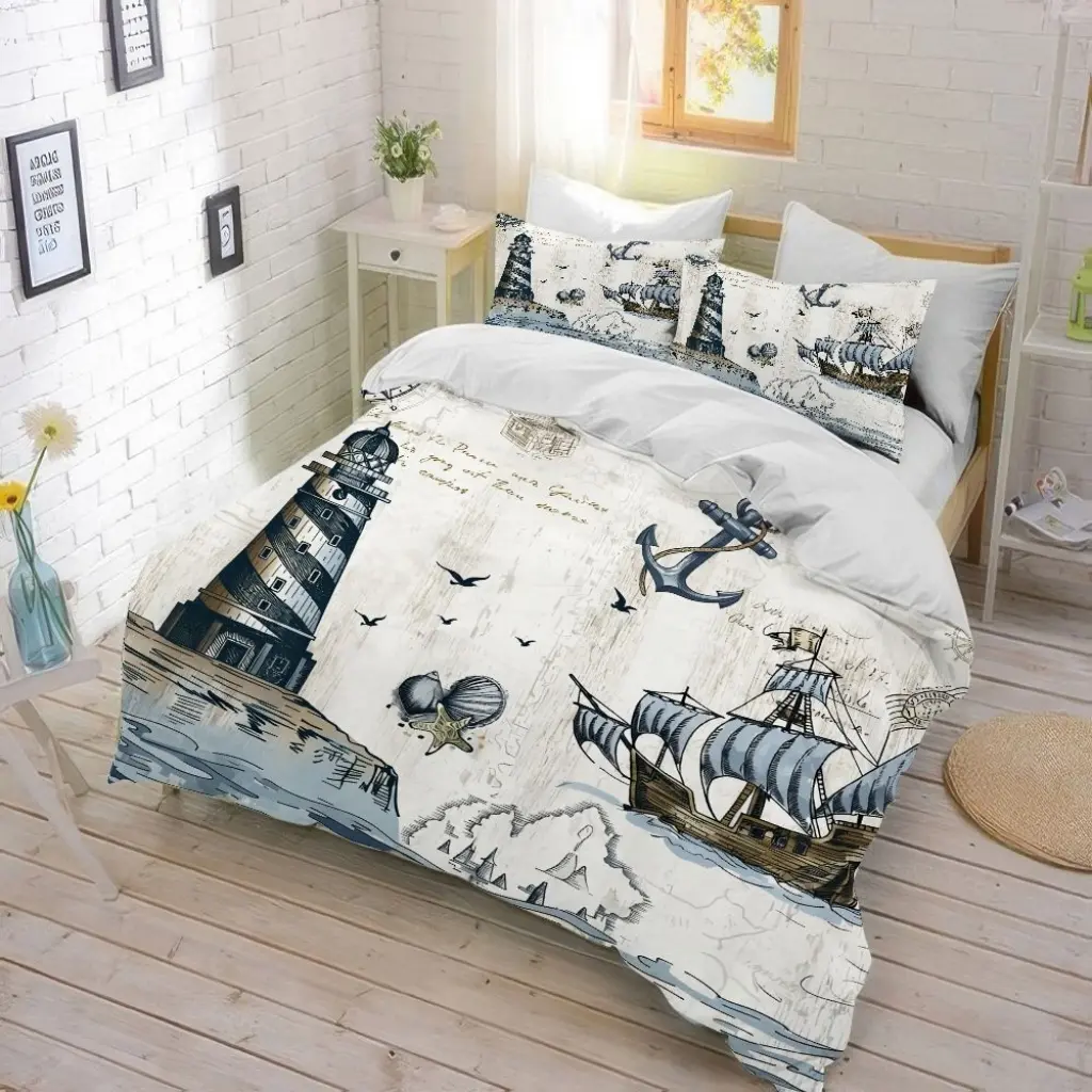 3Pcs Vintage Nautical Lighthouse & Ship Duvet Cover - Anchor Compass Ocean Theme Bedding, Soft Microfiber Quilt with 2 Pillowcases (Unfilled) for Bedroom Decor, Cozy Home Style.