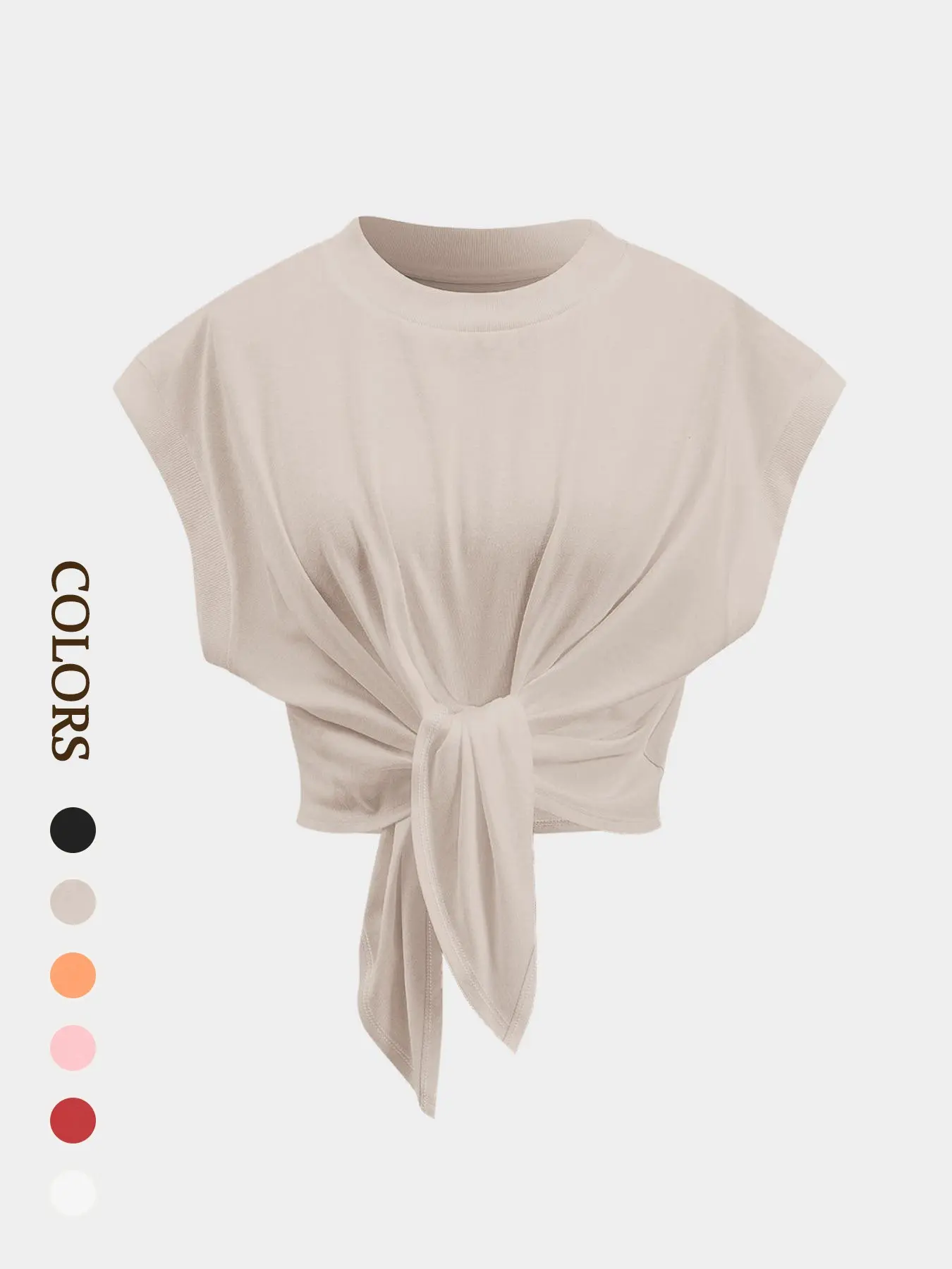 Women's Solid Color Tie Front Crop Tee, Casual Round Neck T-shirt for Summer, Ladies Clothes for Daily Wear, Top