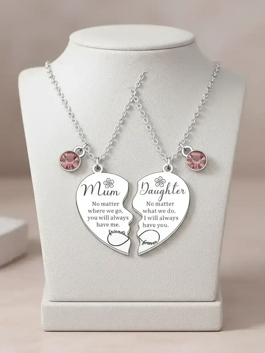 Mother's Day Gift, Mother & Daughter Necklace, 2 Counts Heart Design Pendant Necklace, Rhinestone Decor Matching Necklace for Women, Exquisite Jewelry Gift, Fashion Jewelry for Party and Daily Wear, Stainless Steel Jewelry, Family Necklace