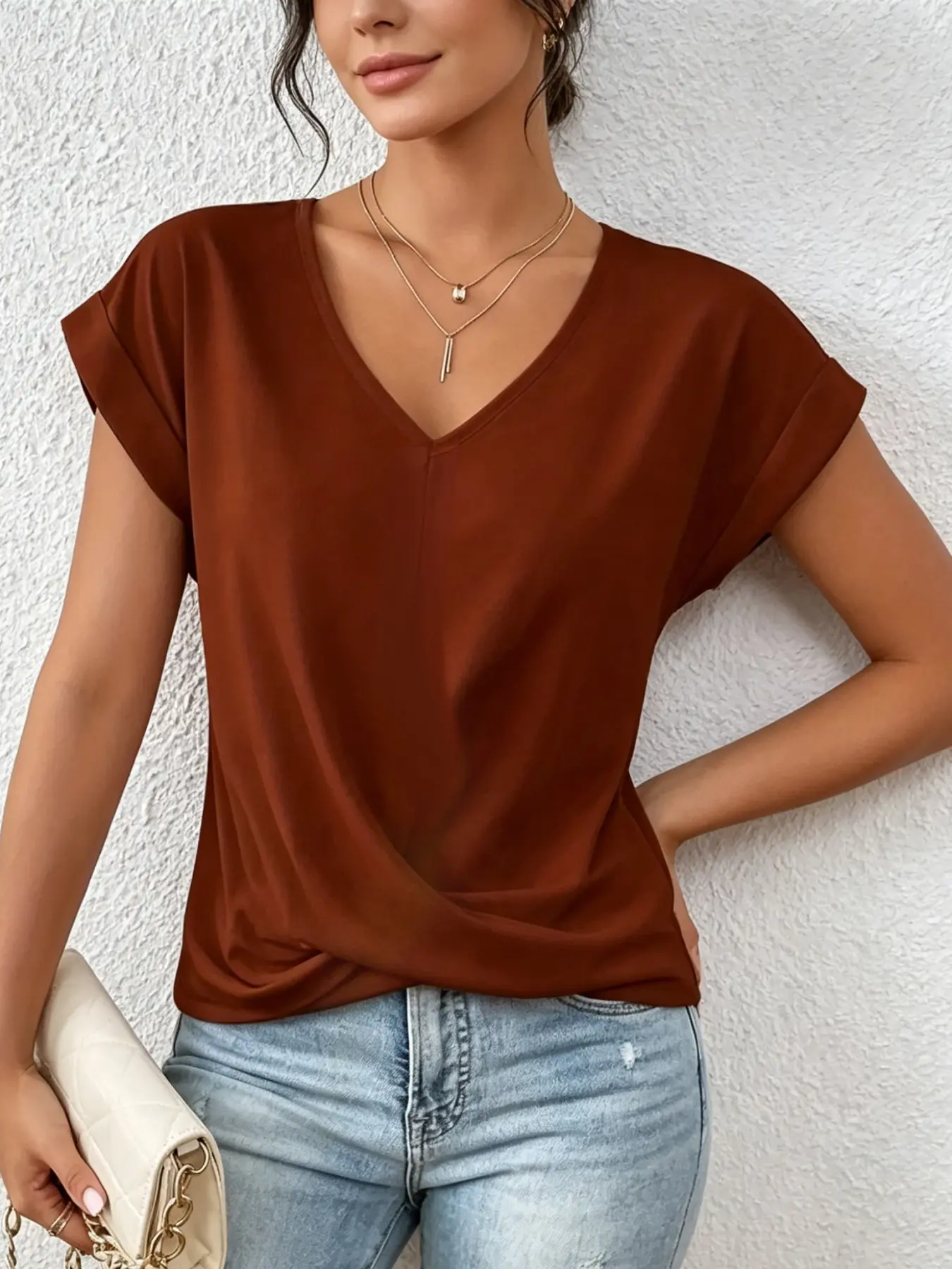 A fashionable chic solid color V-neck elegant casual short sleeved blouse top for women, suitable for summer, daily commuting, travel, social parties and other occasions.