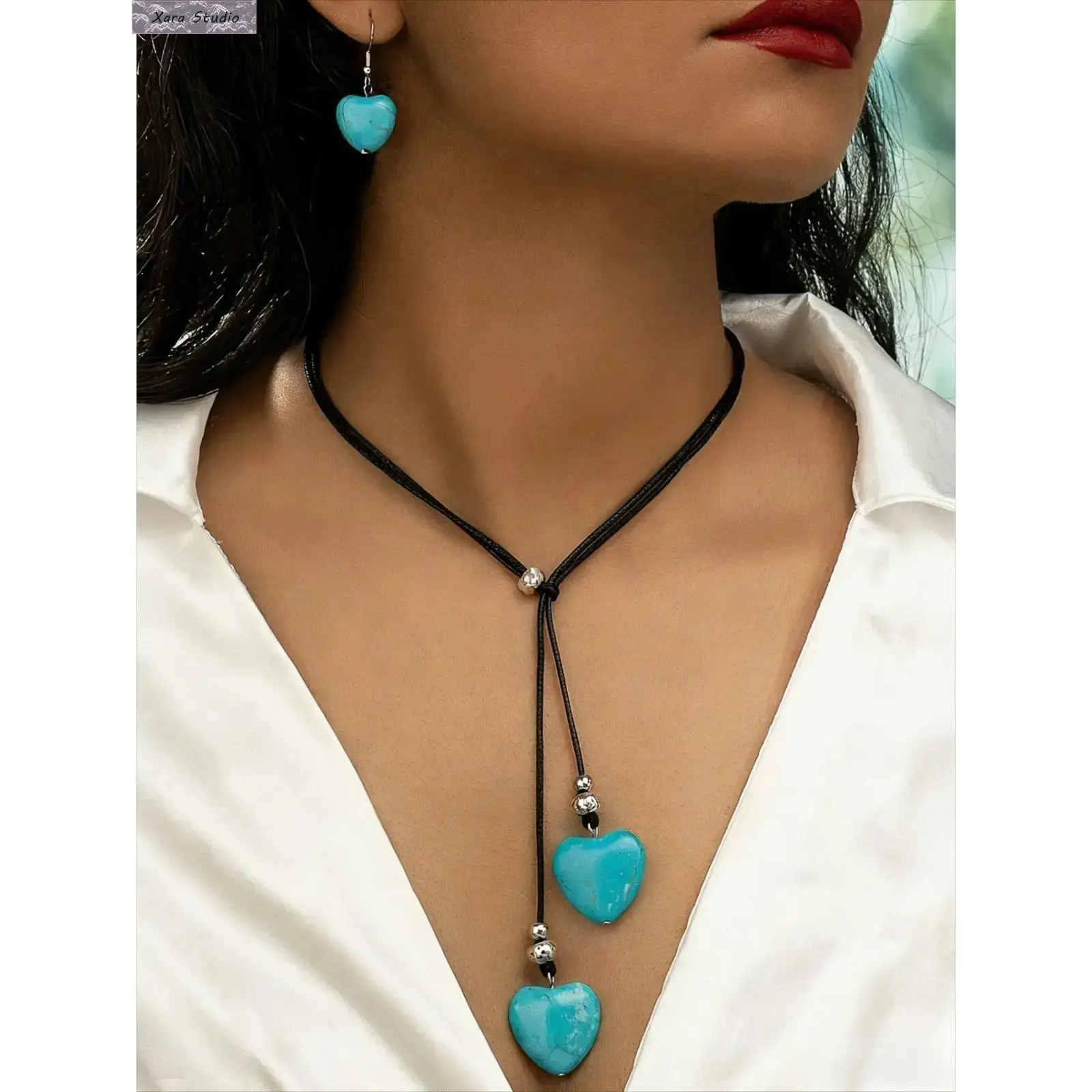 Women's 3-Piece Boho Turquoise Heart Costume Jewelry Set - Turquoise Gemstone Necklaces, Earrings, Retro Ethnic Accessories, Ideal for Party, Vacation Wear, Necklaces For Women, Gemstones, Party Wear, Heart Shape, Boho Ethnic, Three-Pieces