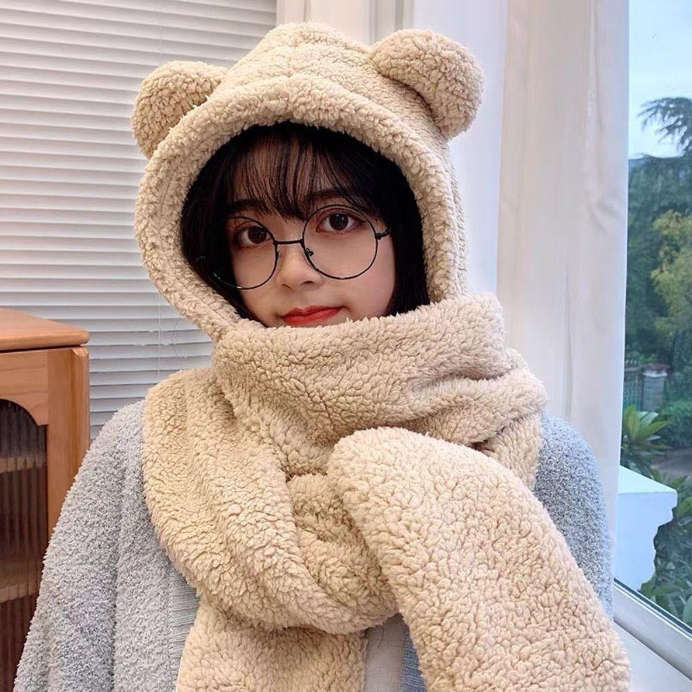Unique 3 in 1 Bear Ear Plush Beanie Thickened Ear Protection Plush Scarf Hat Gloves Earmuffs Warm Fleece Scarves Hat Autumn