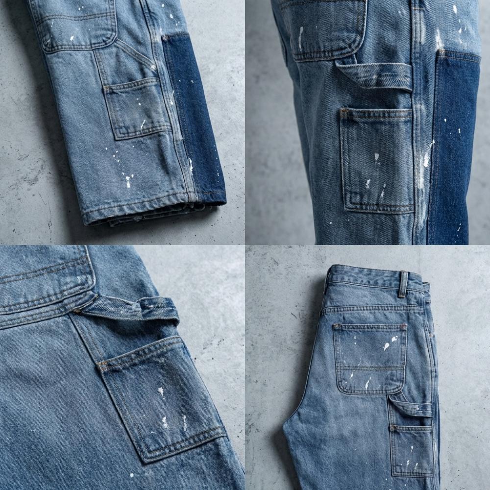 Men's Viral 2026 Trend Flare Denim Jeans Patchwork Paint Splatter Flare Denim Jeans Carpenter Pocket Raw Hem High Street Skate Pants Carpenter Flare Denim Jeans Raw Hem Loose Fit Stretch High Street Skate Pants for Men