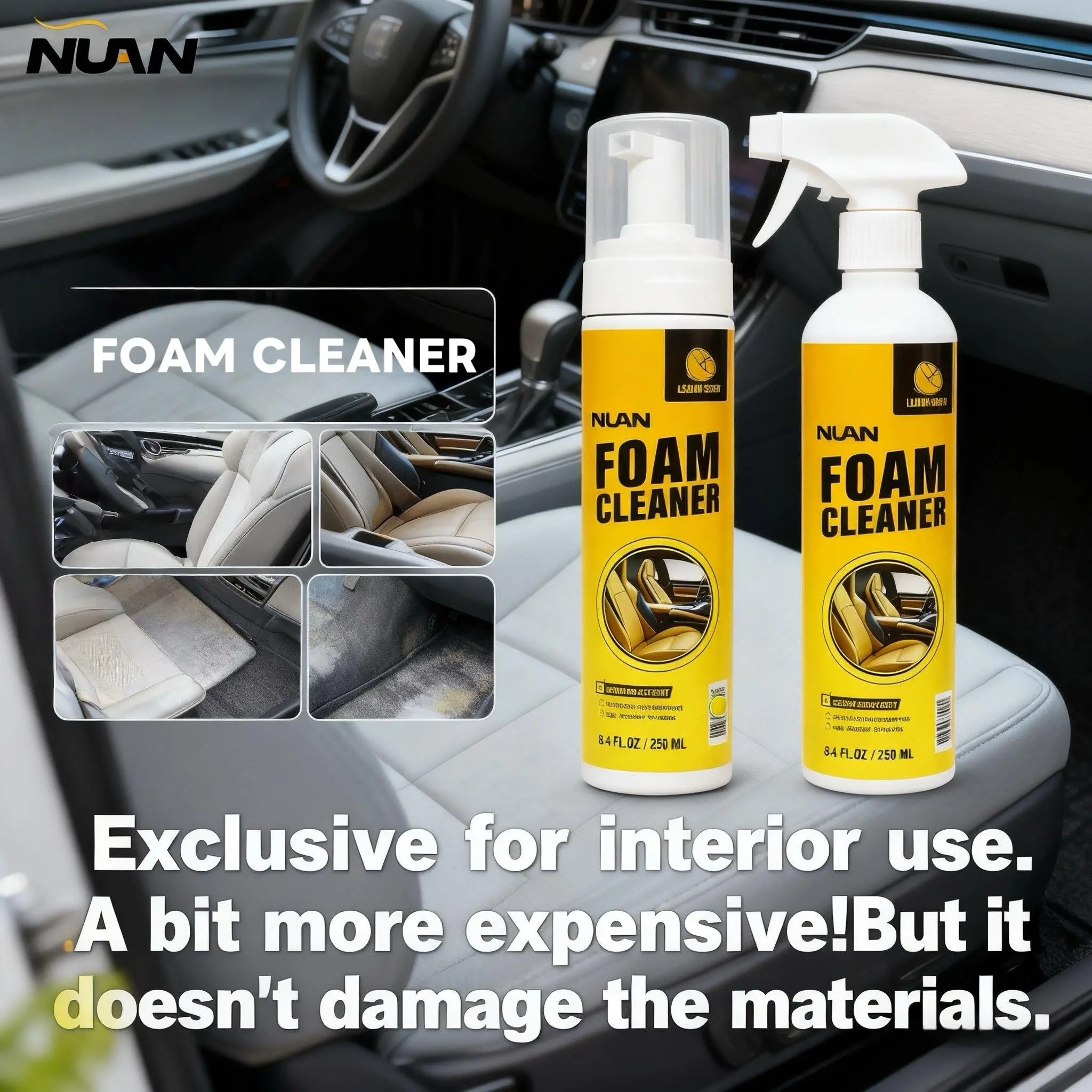 NUAN Multi-Purpose Foam Cleaning Spray - 6.2L Liquid Spray All-Surface Cleaner, Safe Formula Foam Sprayer for Car Interior Care, Upholstery