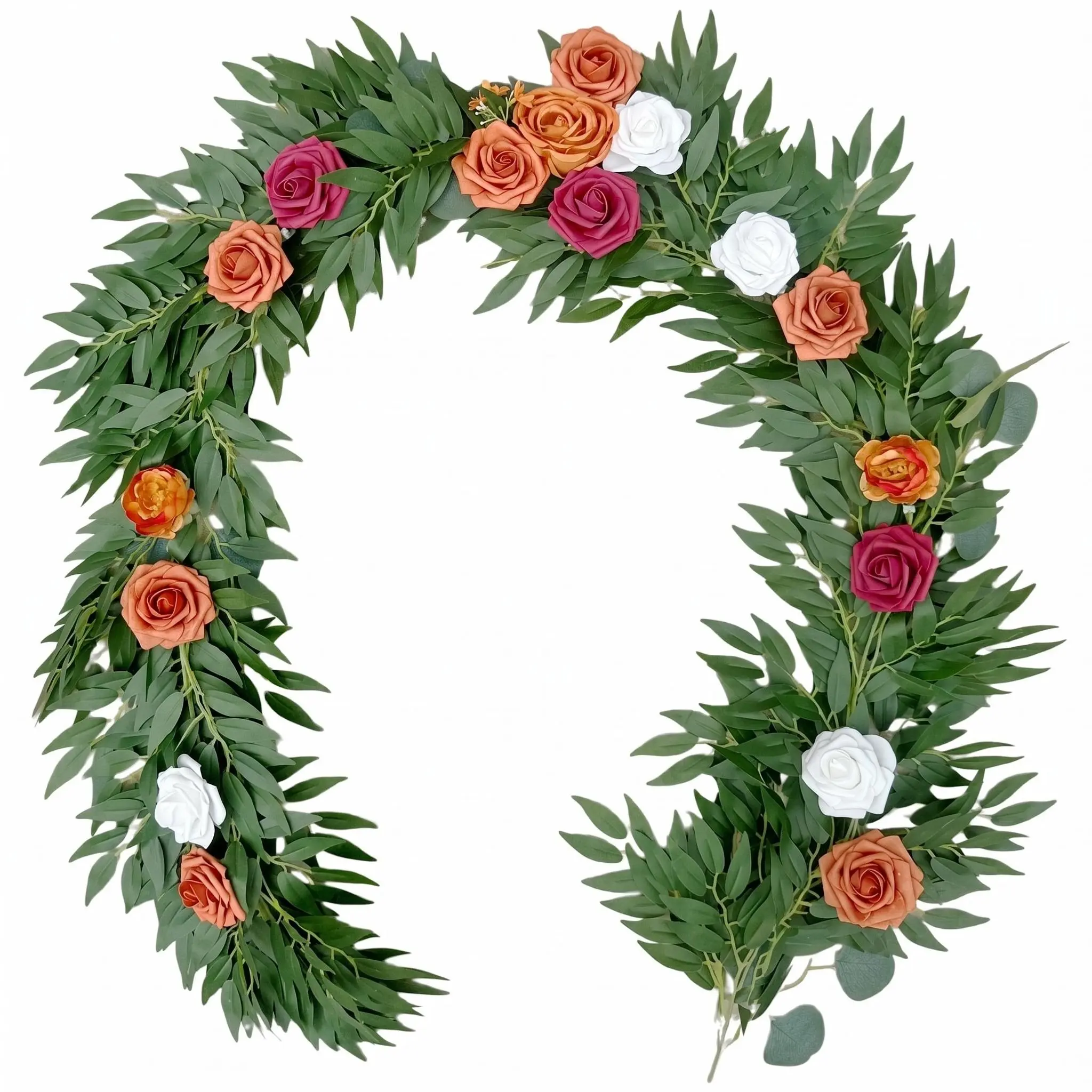 1 PC Green Foliage Autumn Orange Artificial Eucalyptus Flower Garlands, Long Floral Table Runner Swag, Sweetheart Table Centerpiece Decor for Wedding Reception, Party & Home Decoration