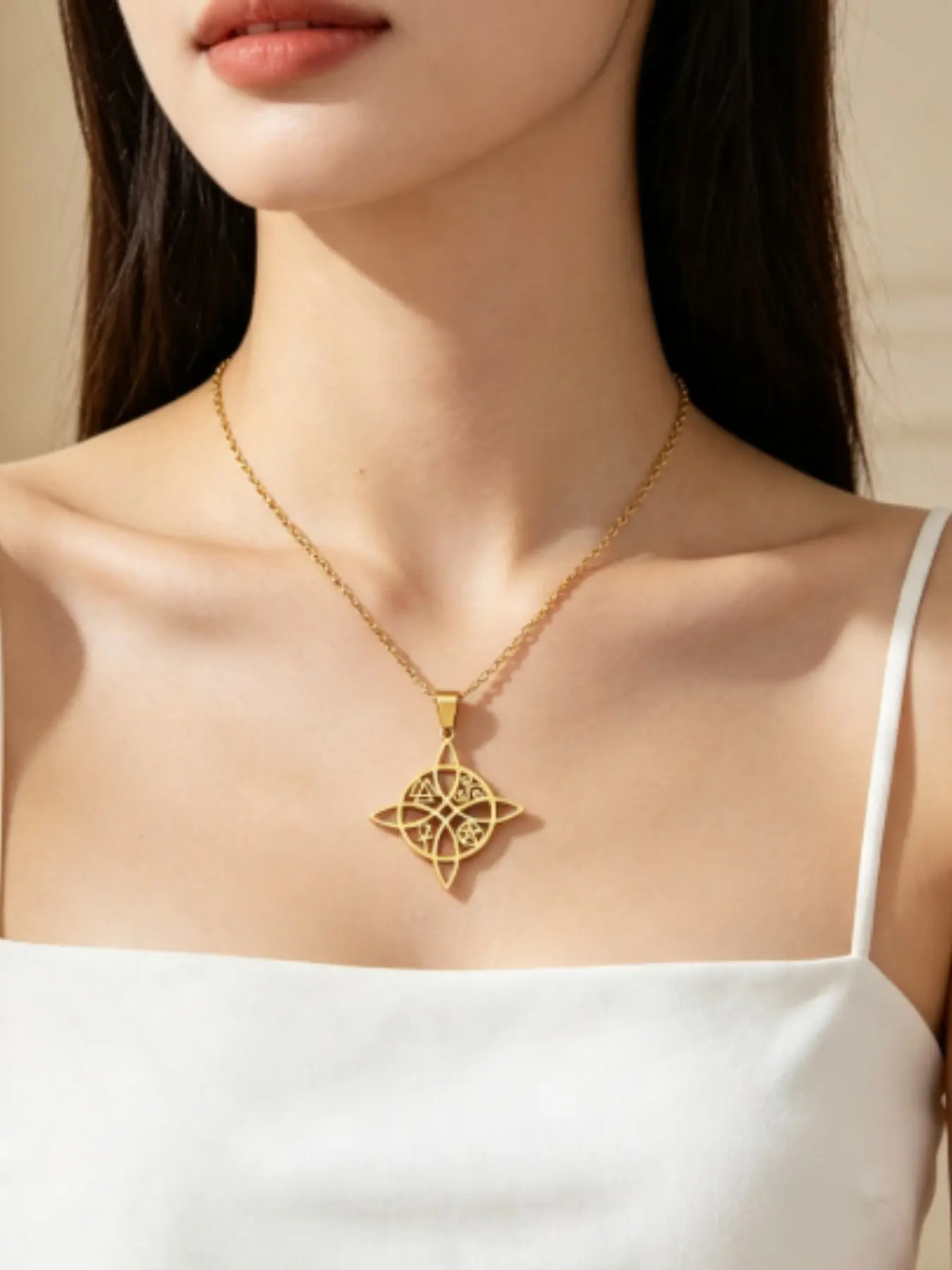 Stainless Steel Celtic Knot Cross Pendant Necklace, Elegant Hollow Design, Fashionable Jewelry for Women, Unique Gift Idea