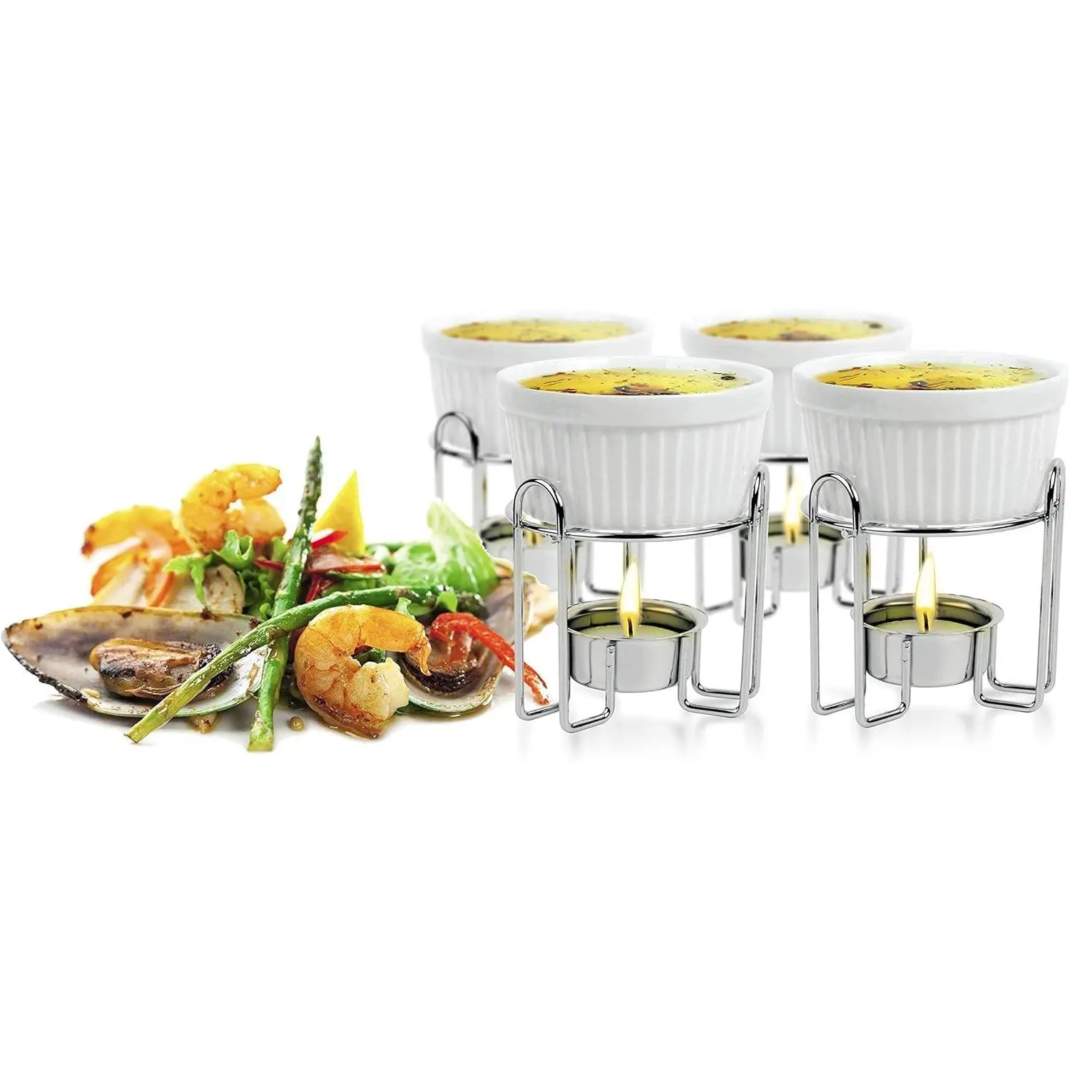 Butter Warmers Set, 4-Piece Ceramic Butter Warmer with Tea Light Candles, Crab Boil Party Supplies - Dishwasher, Microwave, Oven Safe (White)