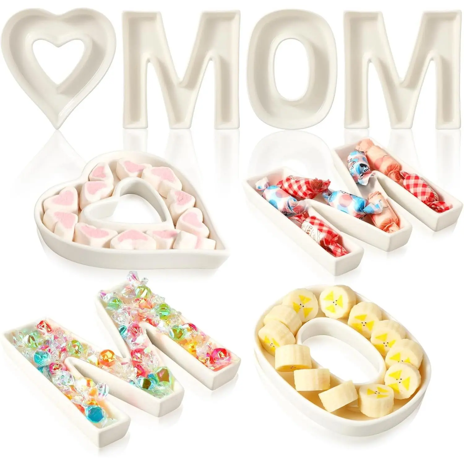 4-Piece White Ceramic Sturdy Heart-Shaped Reusable Fillable Letter Charcuterie Boards - Small Food Serving Trays, Home Organizer Supplies, Mother's Day Gift Accessory