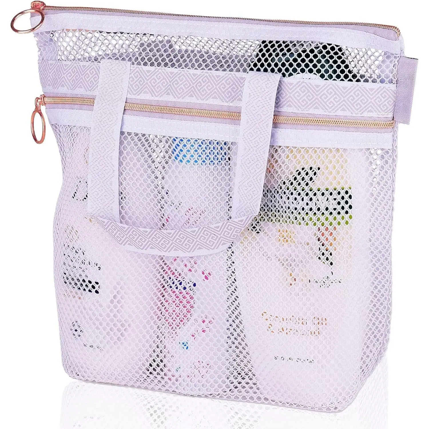 Mesh Shower Bag 10.2x9.9'' Quick-Dry  with Zipper & 2 Pockets. Portable Toiletry Tote for Bathroom, Gym, Travel, Camp, Beach, for Sunscreen, Dorm & College Essentials (Light Gray)