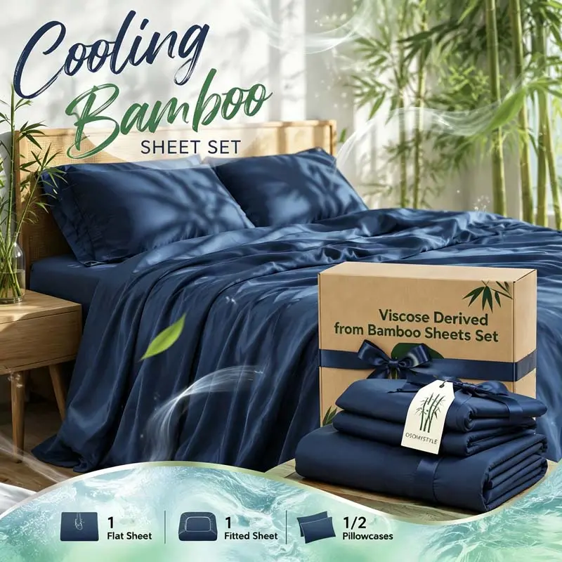 OS OMYSTYLE Kids Bamboo Blend Cooling Bed Sheets Set - Solid Colors, Breathable & Soft, Hotel Quality, 16-in Deep Pocket for Full 360° Coverage, Wrinkle Resistant, Machine Washable, Set Includes Core Bedding for Hot Sleepers