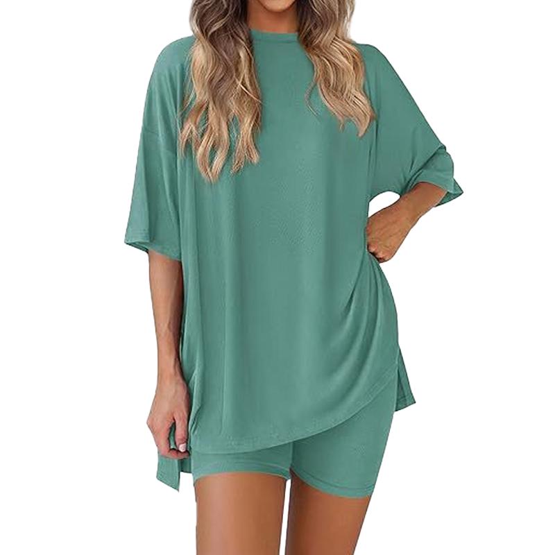 Women's Summer Casual Solid Color Crew Neck Slit Loose Short Sleeve Top with Pocket, Shorts Set Comfy Loungewear for Home Women's Summer Casual Solid Color Crew Neck Slit Loose Short Sleeve Top with Pocket, Shorts Set Comfy Loungewear for Home