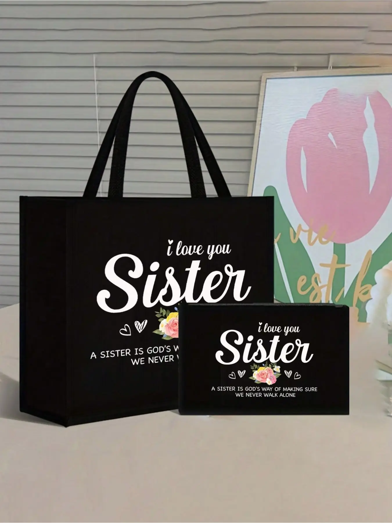 "i Love You Sister" Large Capacity Shoulder Bag, Handbag, Beach Bag, Shopping Bag, Travel Bag, Gift for Sisters, School, Office, Birthday, Valentine's Day