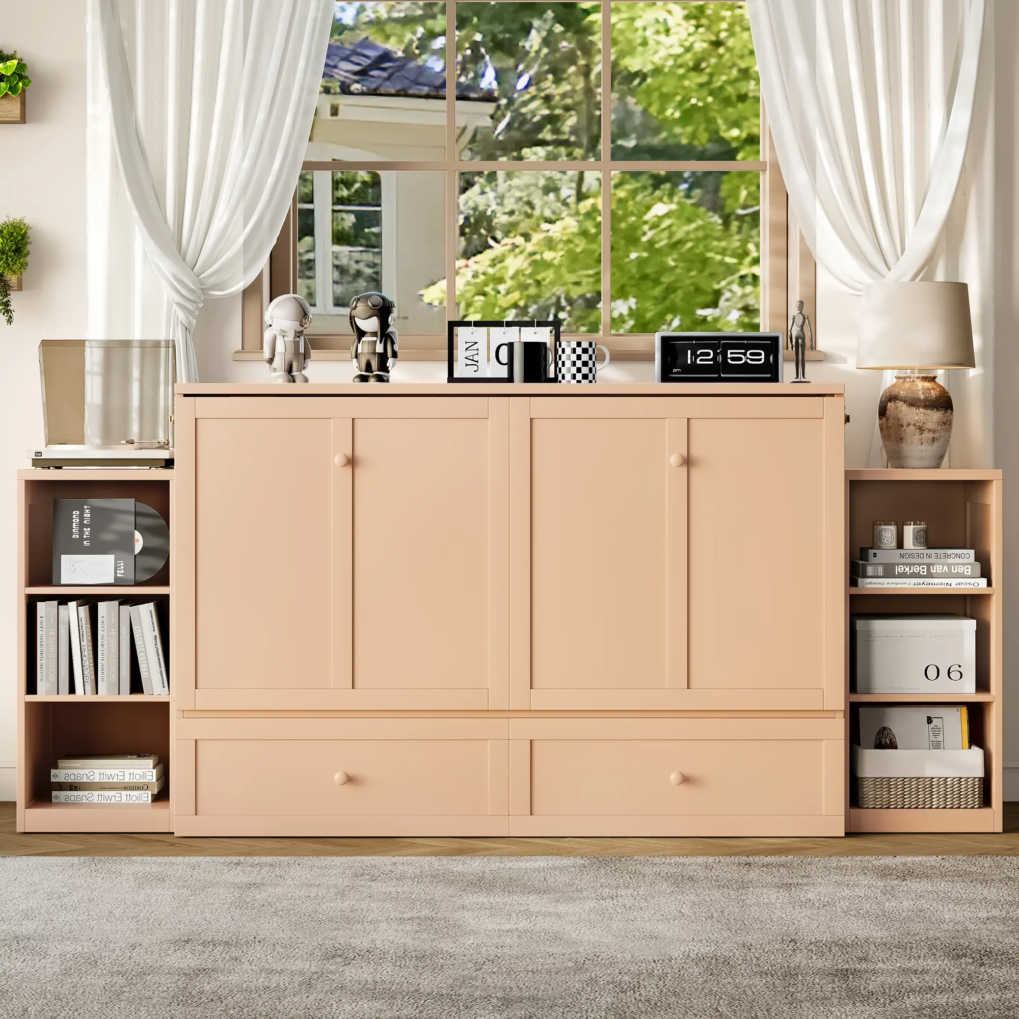 ARCH Queen Size Murphy Bed with Storage Drawers and Shelves, Space-Saving Wall Bed for Guest Room, Compact Bedroom Furniture, Golden Finish, Durable Wood Frame, Easy Fold-Down Mechanism, Ideal for Small Spaces, Home Office or Apartment Use,sohochic