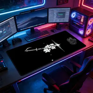 Neon Sakura Katana Large Extended Gaming Mouse Pad, Extended Mousepad, Non-Slip Rubber Base Stitched Lock Edge Desk Mat, Durable Computer Accessory, Desktop Accessory, Desk Accessories for Home Office & Gaming Setup, Perfect Gift for Gamers & Anime Fans