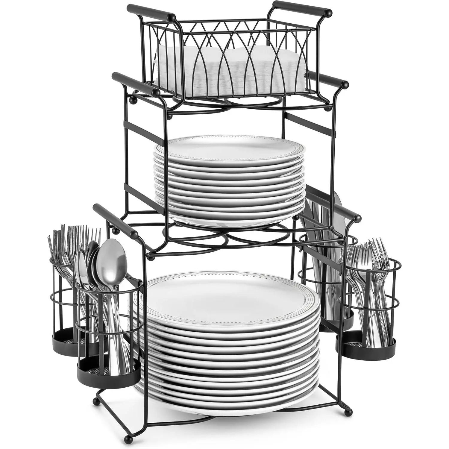 Buffet Caddy — 7-Piece Stackable Set Includes Plate, Napkin, and Silverware Holder, 3-Tier Detachable Tabletop Organizer — Ideal for Kitchen, Dining, Entertaining, Parties,Thanksgiving (Black)