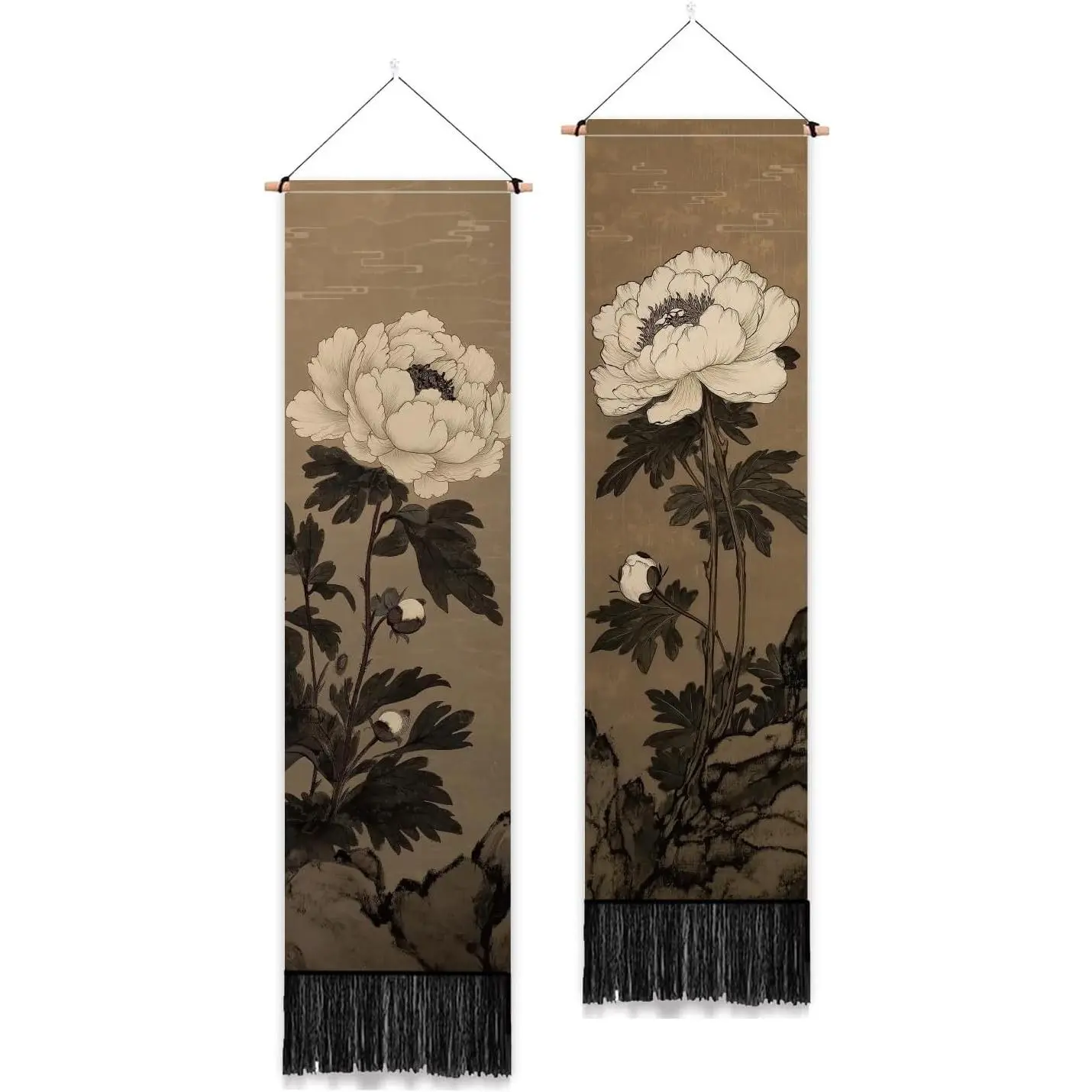 2-Pack Japanese Peony Vertical Tapestry with Tassels, Warm Elegant Long Narrow Flower Wall Decoration, Gift-Worthy Bedroom Decor for Home Living Room Bathroom