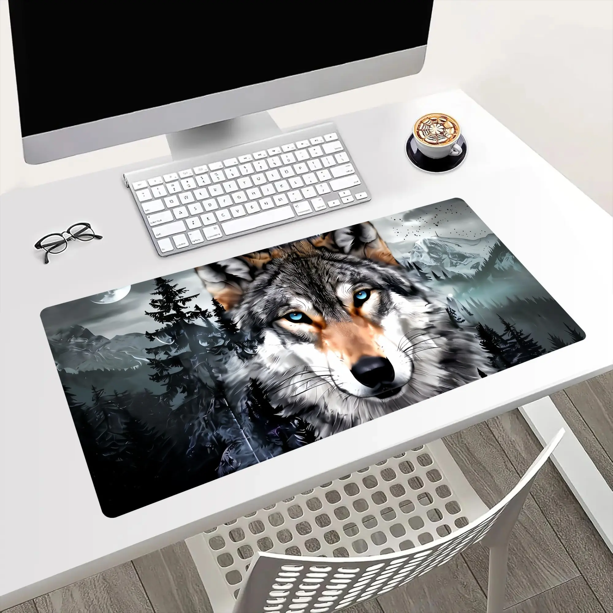 Large Wolf Head Pattern Mouse Pad - Highly Detailed, Waterproof, Smooth Fabric, Vivid Print Desk Mat for Office, Gaming Use on Modern Minimalist Desktops