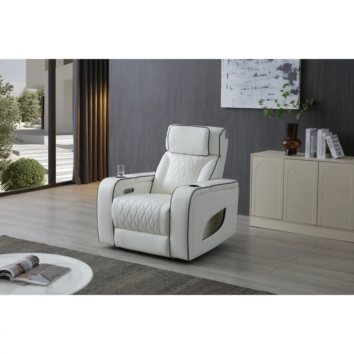 Lumin G00807A-RC Indoor Power Recline Reading Chair - White PU Leather, Built-in Charging Station, Adjustable Back, Power Adjustable Headrest Pads, Accent LED Lighting, 38.00x41.00x41.00 in, 120.70 lbs Capacity