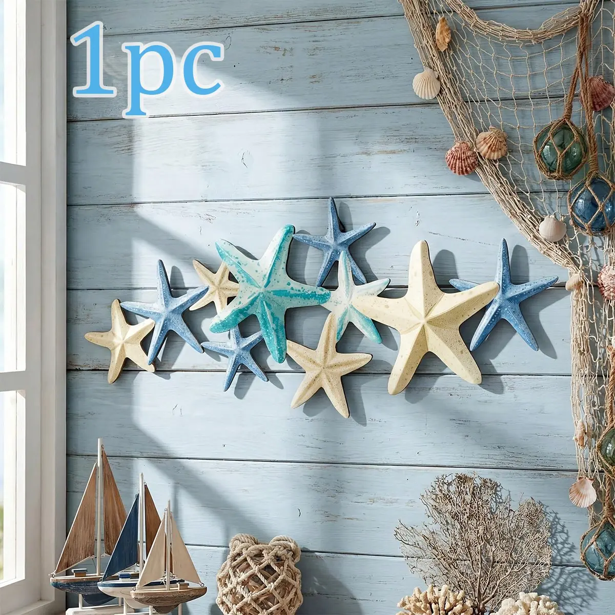 Wooden Summer Beach Wall Decor, Farmhouse Style Ocean Fish Star Hanging Ornament, Vintage Beach Theme Decoration for Home Lake House Bathroom