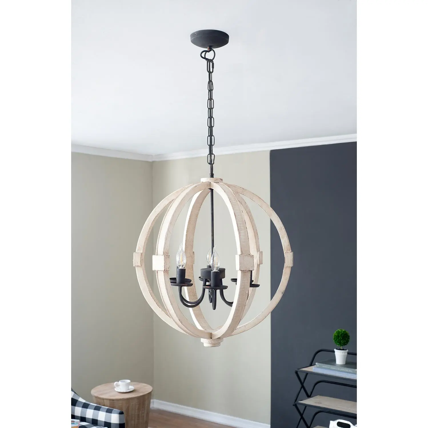 Nokaa 6-Light Wood Chandelier Hanging Light Fixture with Adjustable Chain for Kitchen Dining Room Foyer Entryway, Distressed White Finish, Pine Wood & Iron, Hardwired, E12 Bulbs Not Included, 22.5x22.5x26 Inches, White Color Options