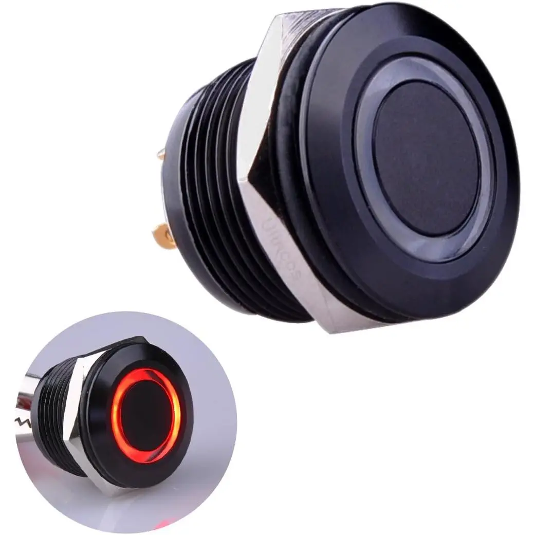 ® Momentary Push Button  U19D1 1NO SPST Black Metal Shell with Red LED Ring Suitable for 19mm 3/4" Mounting Hole Pack with a Resistor (Red)