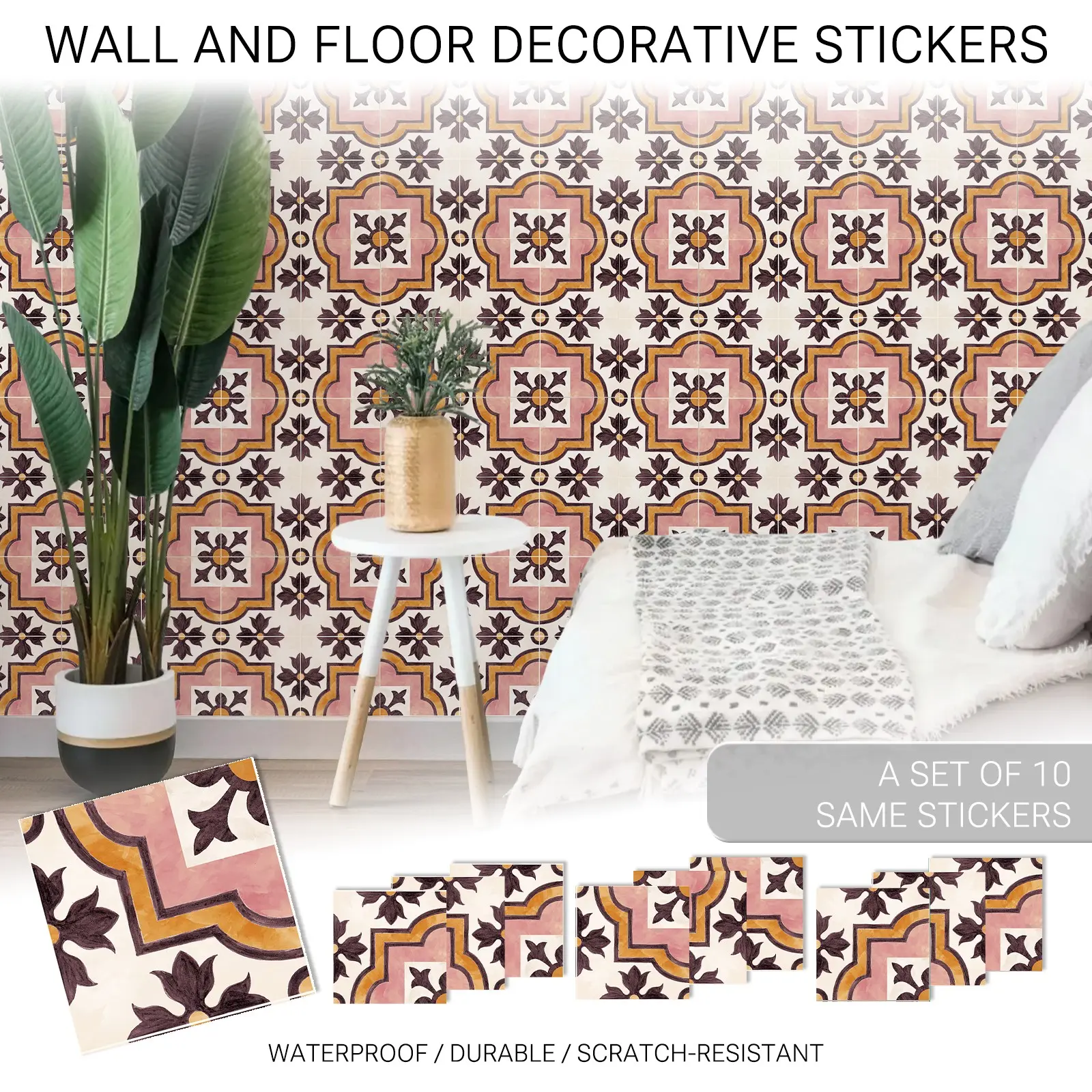 Vintage Moroccan Tile Vinyl Self-Adhesive Wall Floor Stickers, 10 Sheets 7.87x7.87 Inch, Waterproof Scratch Resistant, Removable Home Decor