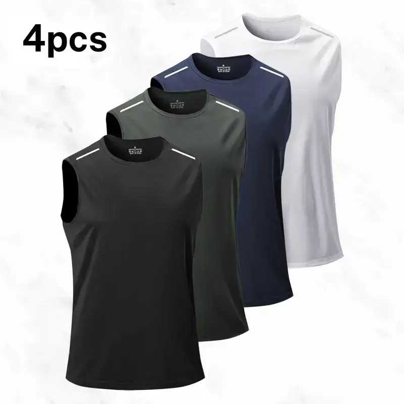 4 Pack, summer sleeveless sports vest, quick drying fabric reflective shoulder strip trendy design, breathable and comfortable, a must for outdoor fitness mens shapewear usa