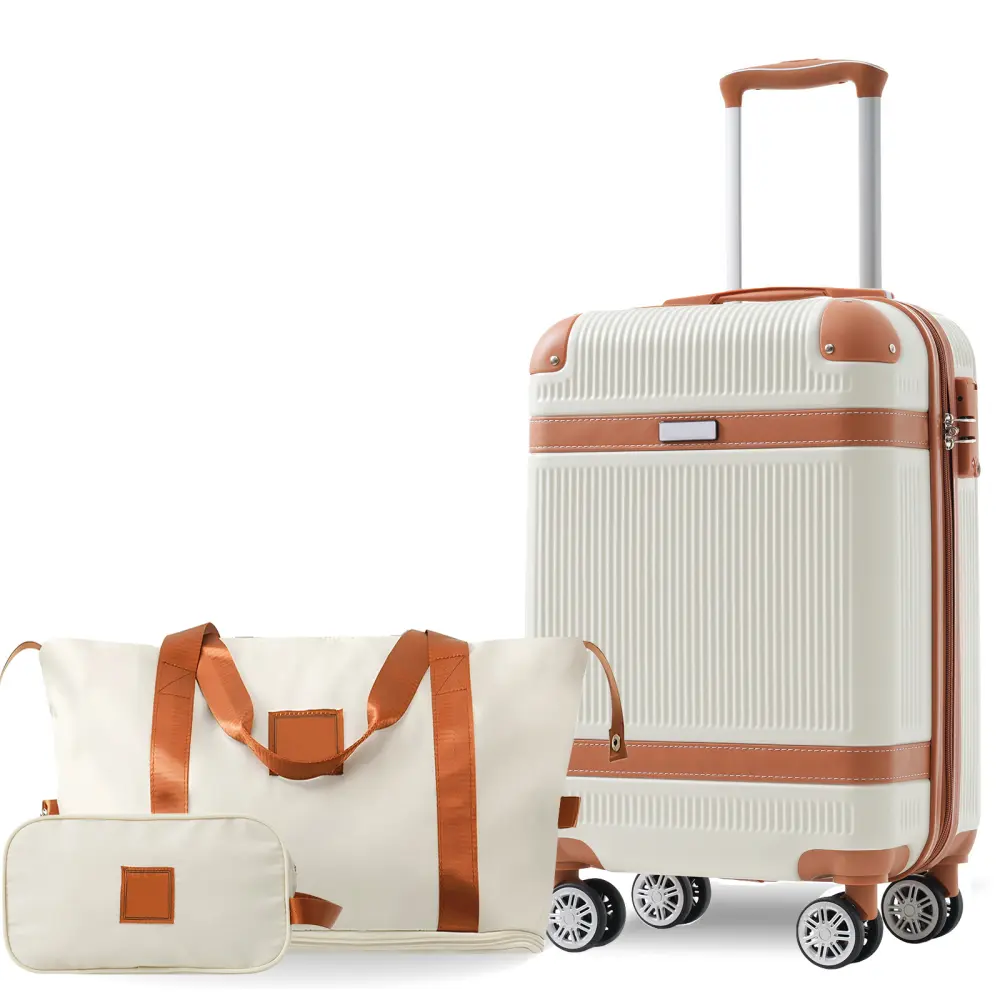 Cream Hardshell 3-Piece Luggage Sets, 20in Carry-On Suitcase with 4 Wheels 360 Rotation Silent Dual Wheels, Anti-Pinch Design, TSA Combination Padlock, Multi-Function Lightweight Durable ABS for Weekend Getaways Business Travel (with Pocket)