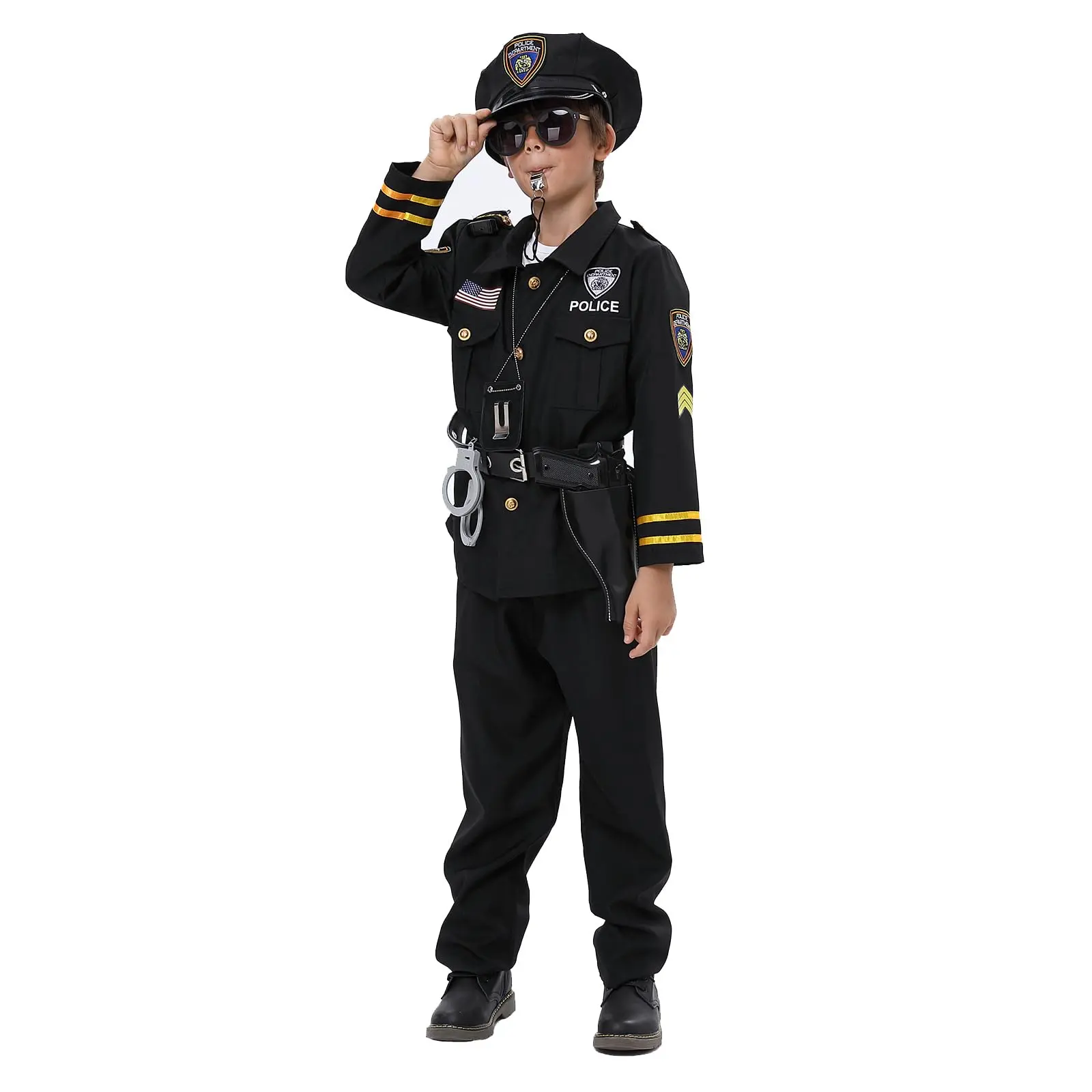 Authentic Police Officer Costume for Kids – Complete Cop Uniform Set with Shirt, Pants, Hat & Belt – Boys Dress Up Outfit for Halloween, Role Play, Pretend Play