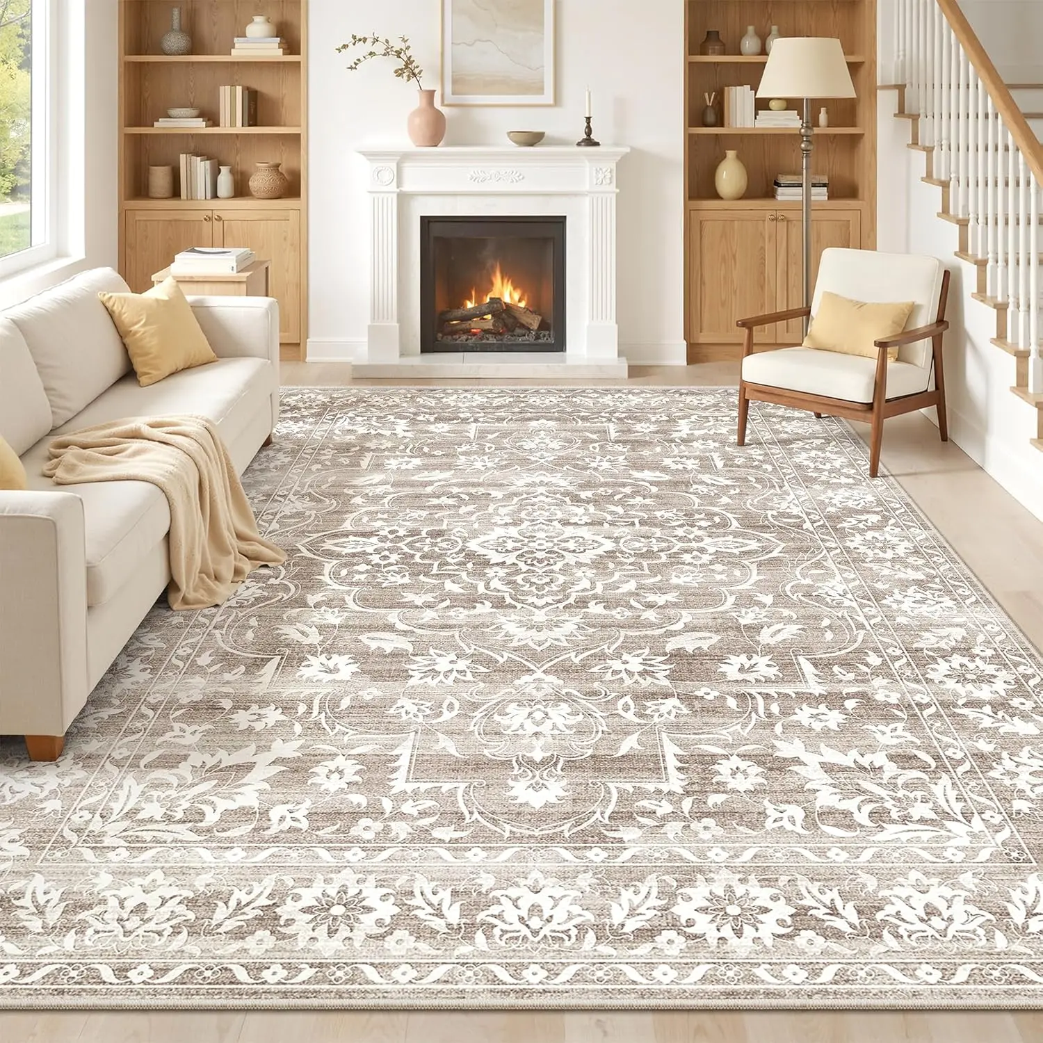 ComiComi Vintage Floral 8x10 Area Rug for Living Room - Machine Washable, Water & Stain Resistant, Non-Slip Backig, Low Pile Thin Rug For Bedroom, Home Decor Carpets,  Alfombras Para Sala, Rugs For Bedroom