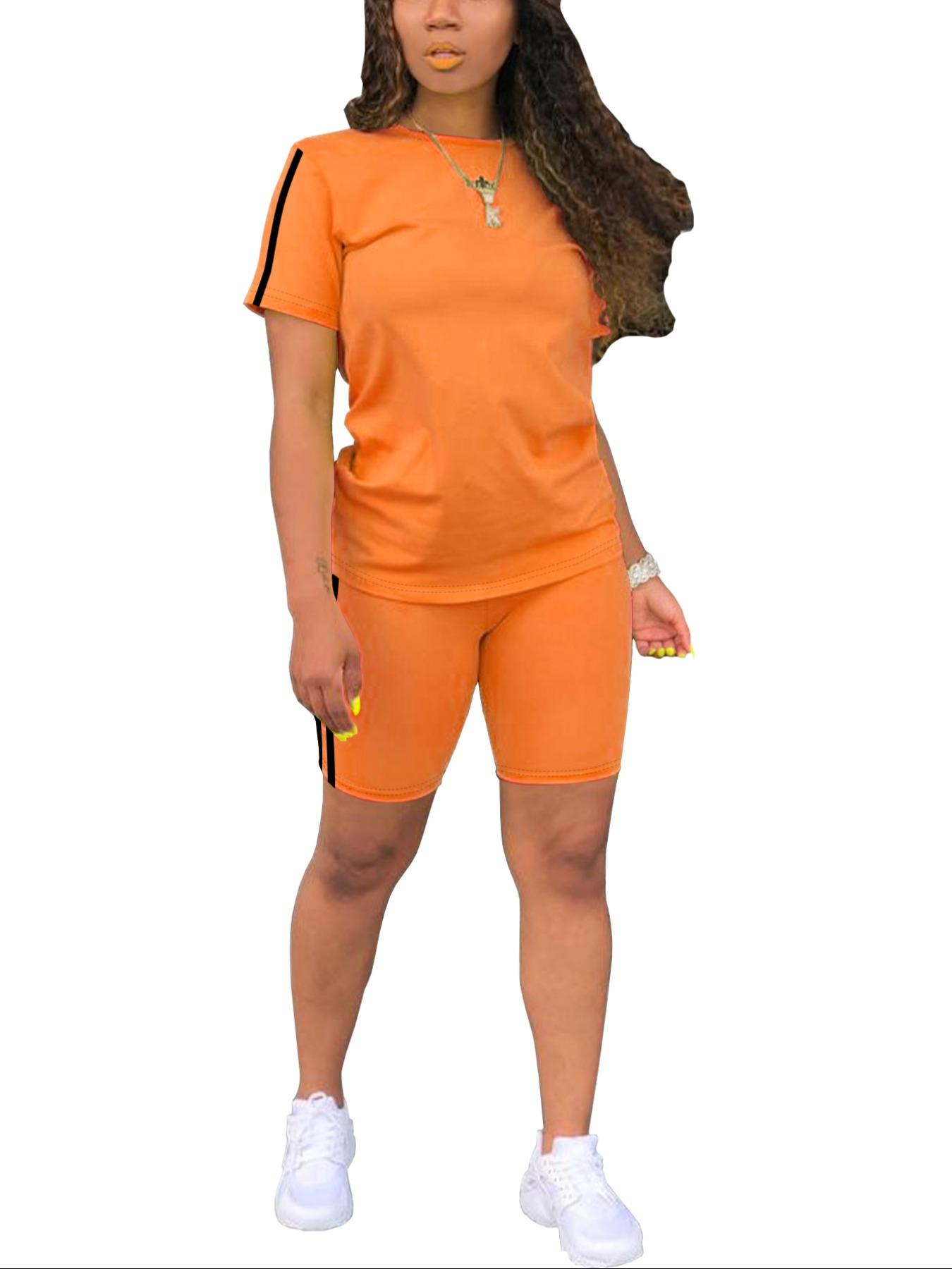 Two-Piece Set Women's Short Sleeve Tee & Shorts, Casual Fitted Round Neck T-shirt & Skinny Shorts, Ladies Summer Clothes