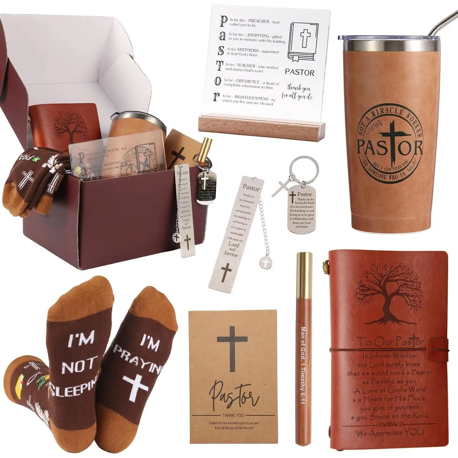 Pastor Appreciation Gifts for Men - Unique Christian Gift Set with Leather Journal, Tumbler, Keychain, Socks, Acrylic Medal, Pen, Bookmarks & Card for Birthday ChristmasGift