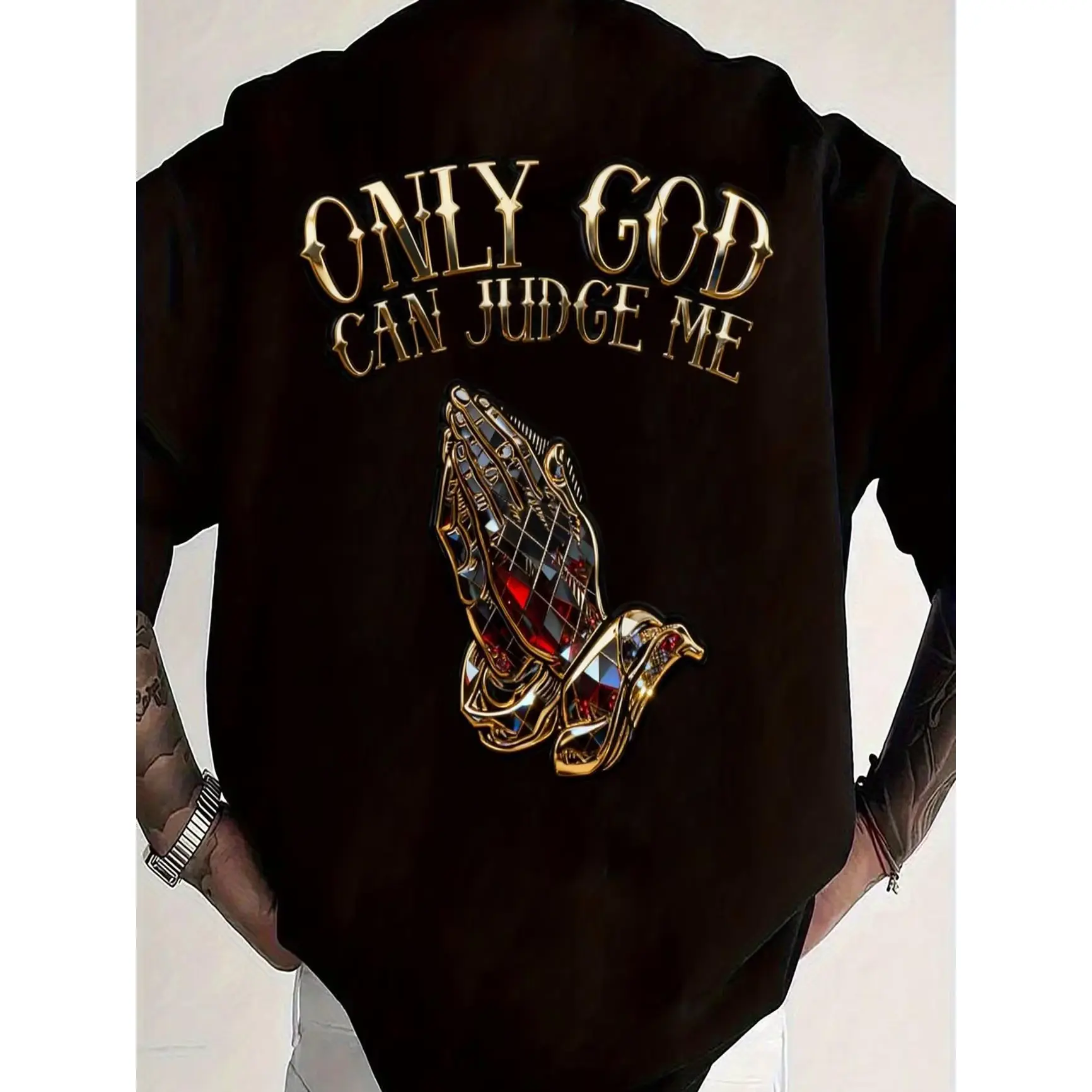 Golden Praying Hands Quote Tee – “Only God Can Judge Me”, Edgy Oversized Cotton Shirt, Perfect Valentine’s Gift for Him or Her, Best Holiday Present for Friends & Family
