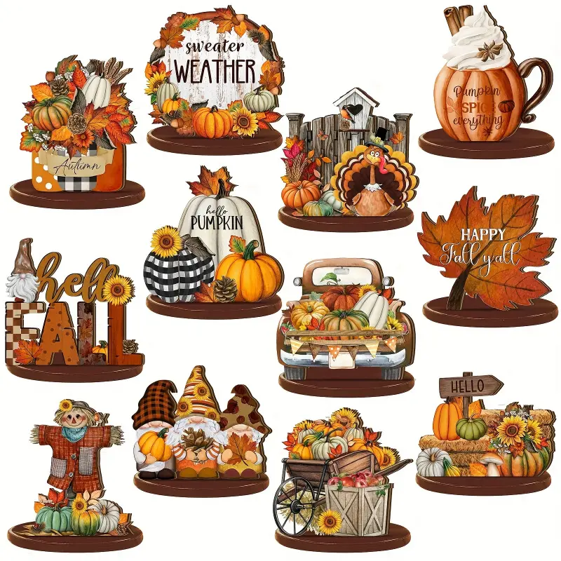 2D Flat - 12pcs of 2D Autumn Table Decorations, Layered Tray Decor for Fall, Thanksgiving Centerpiece, Autumn Scarecrow, Maple Turkey, Wooden Signs, Ornament Set, Thanksgiving Layered Tray Decor, No Electricity Required.