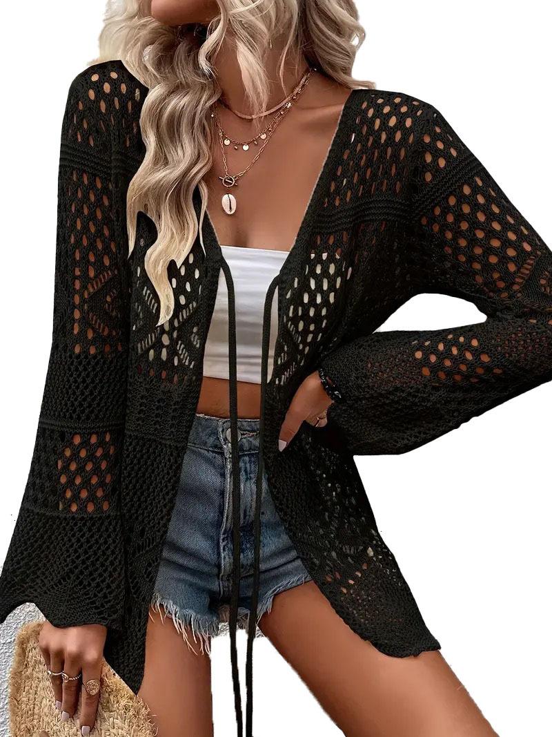Women's Solid Color Hollow Out Tie Front Crochet Cardigan, Casual Long Sleeve Knitwear for Summer, Fashion Women's Knit Clothing for Daily Wear, Knitting, Summer Cardigan Women, Beach Cover Up, Lightweight Knit Top, Boho Crochet Sweater, Vacation Outfit
