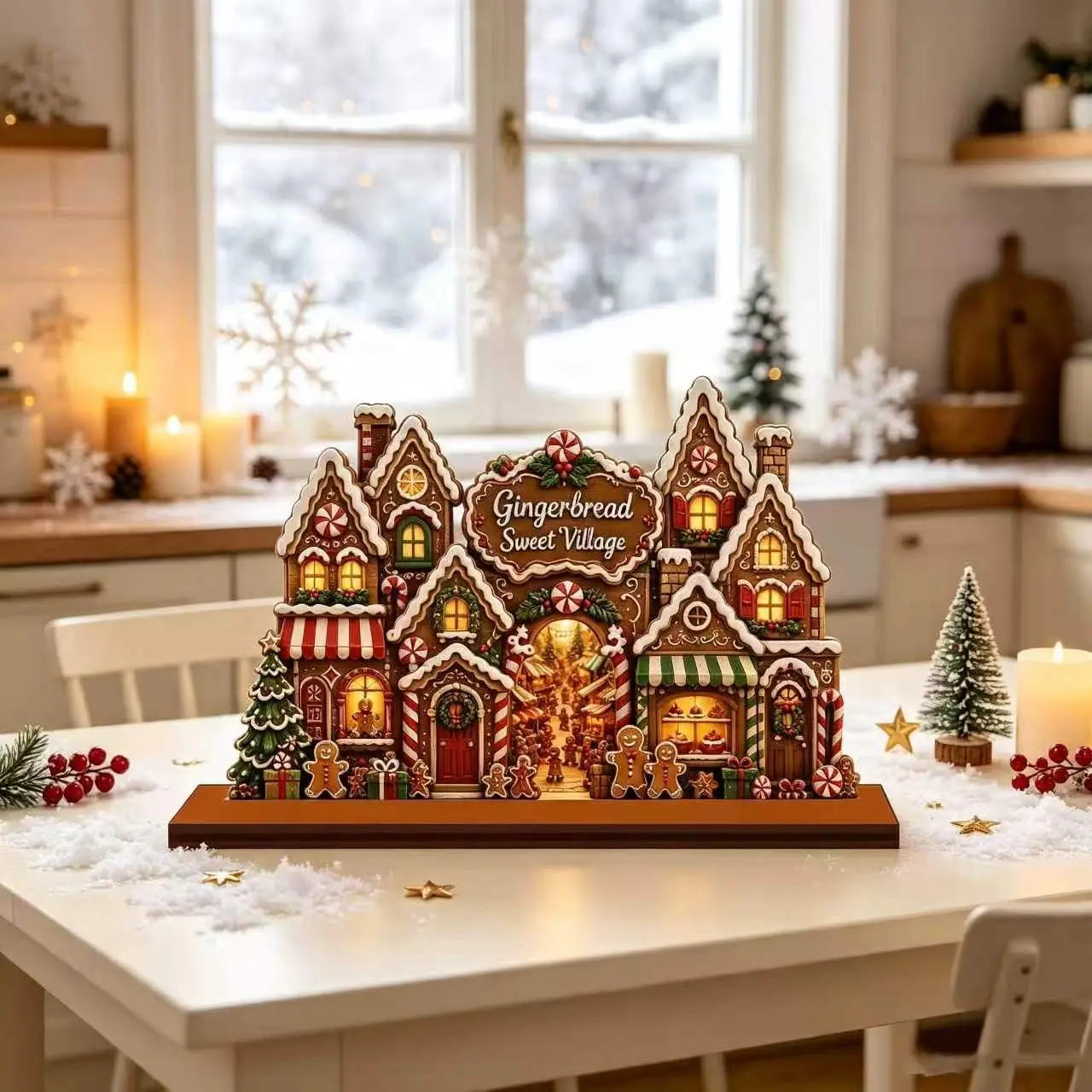 Wooden Gingerbread Village Christmas Decoration, 25cm Festive Centerpiece, Home & Table Decor, Holiday Ornament, Seasonal Décor