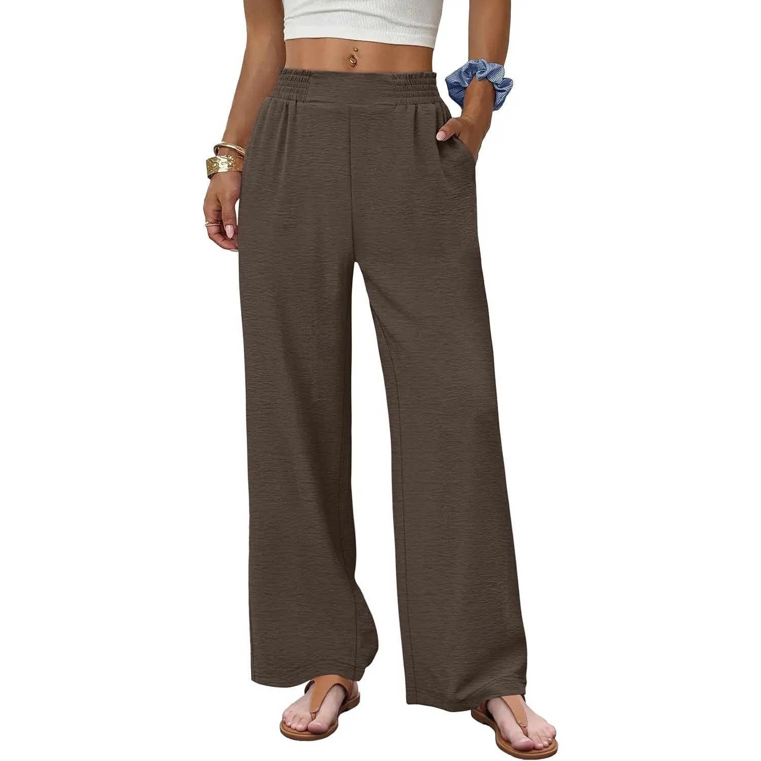 Women's Petite High-Waisted Wide Leg Flowy Palazzo Pants - 2026 Smocked, Lightweight, Breathable Dressy Casual Bottoms with Side Pockets, Cold Wash, Hats for Summer Beach Outfits (True Fit Highlight)
