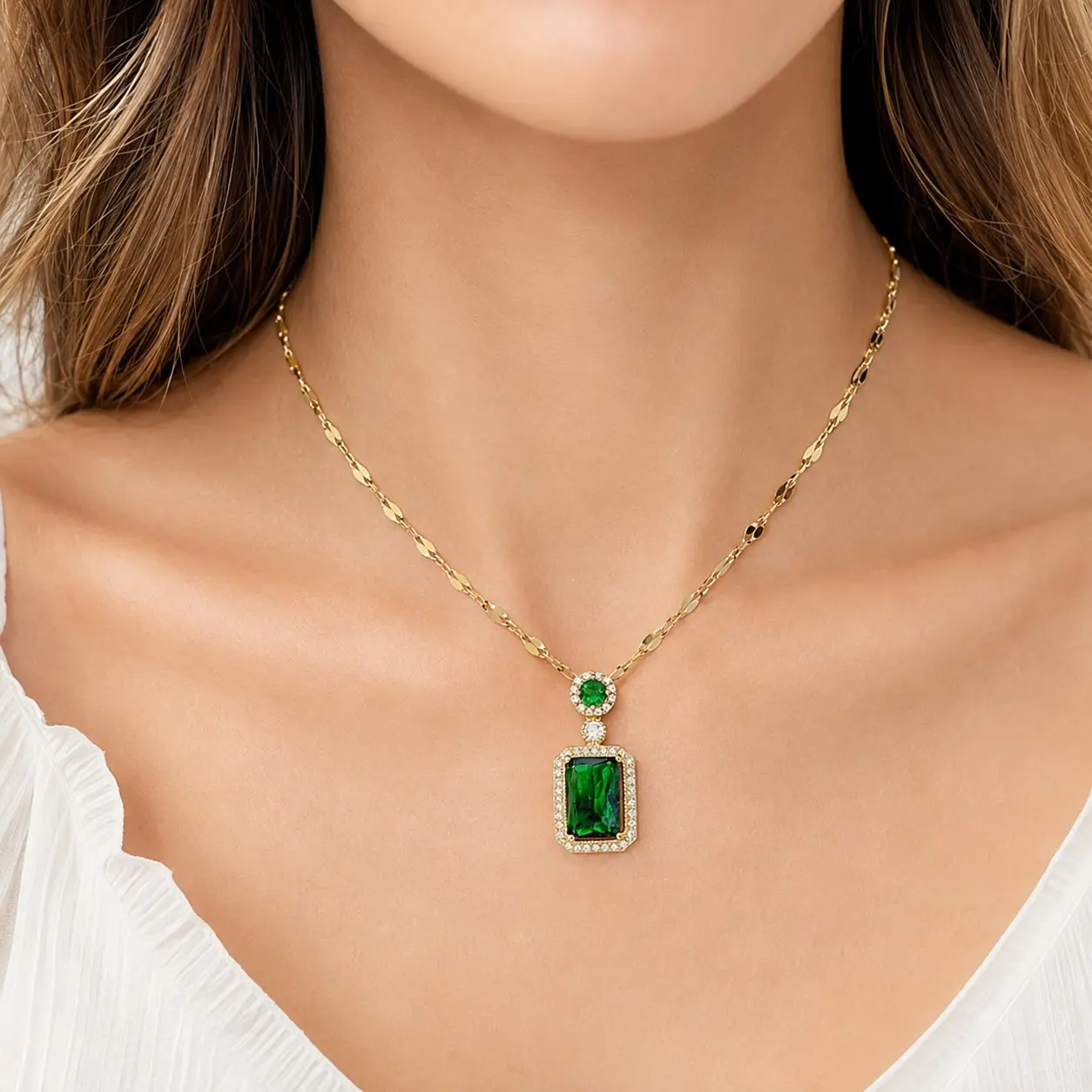 Women’s Rectangular Colored Stone Pendant Necklace - Gold-Tone Copper Halo, Adjustable Short Chain and Link, Casual Daily Wear Rectangle Shape Jewelry (Green, Red, Blue Options)
