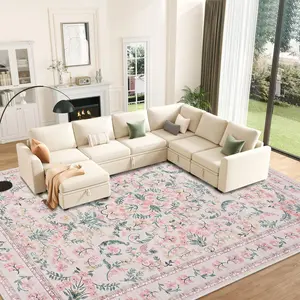 Garvee Area Rug 10x13 for Living Room, Washable Non Slip Low Pile Rugs, Floral Soft Carpet for Living Room, Bedroom, Dining Room, Pink