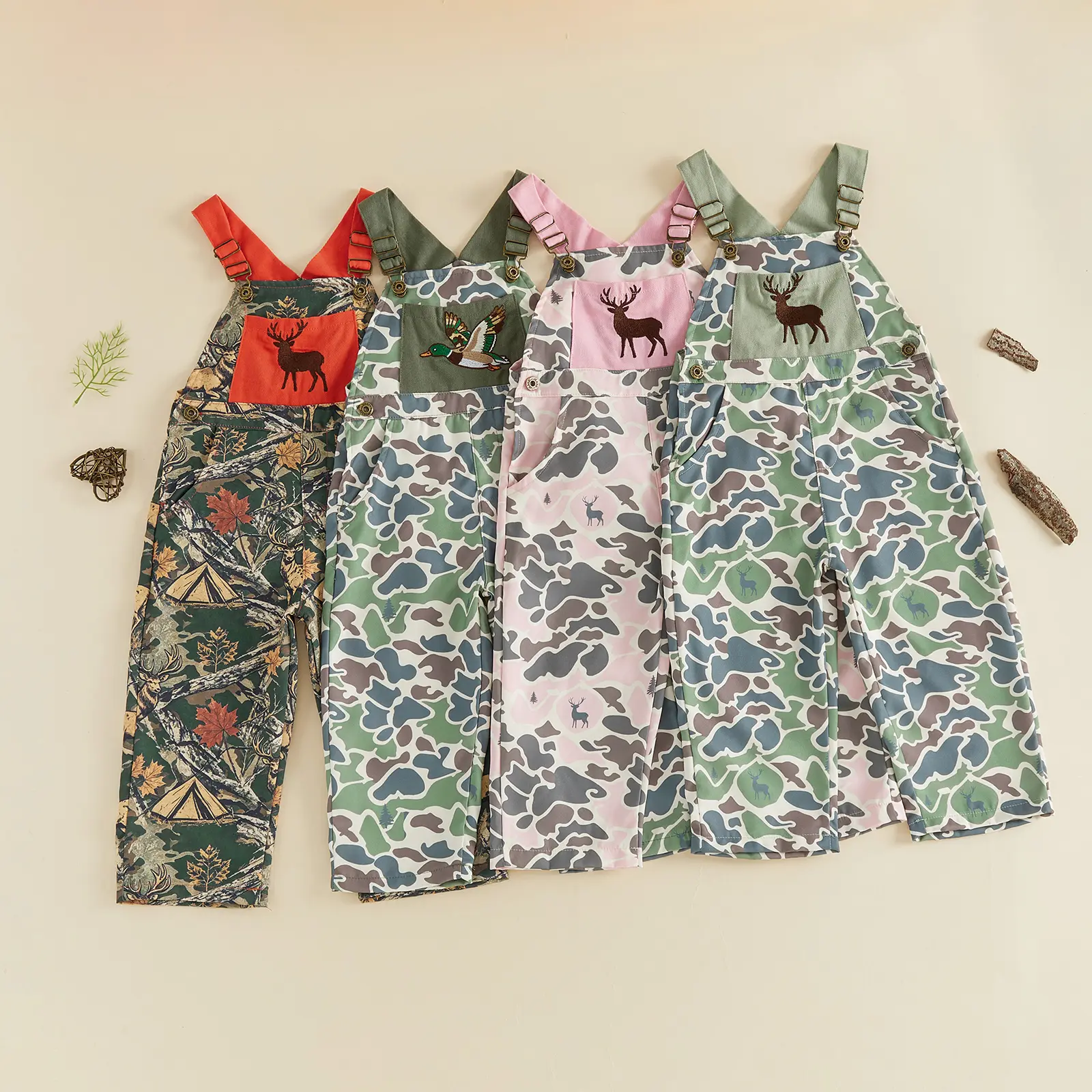 Babamoon Unisex Infant Outfit - Sleeveless Polyester Onesie, Camouflage Deer & Mallard Duck Animal Print Suspender Overalls, Baby Boys & Girls Hunting Casual Romper, Sleeveless Onesies